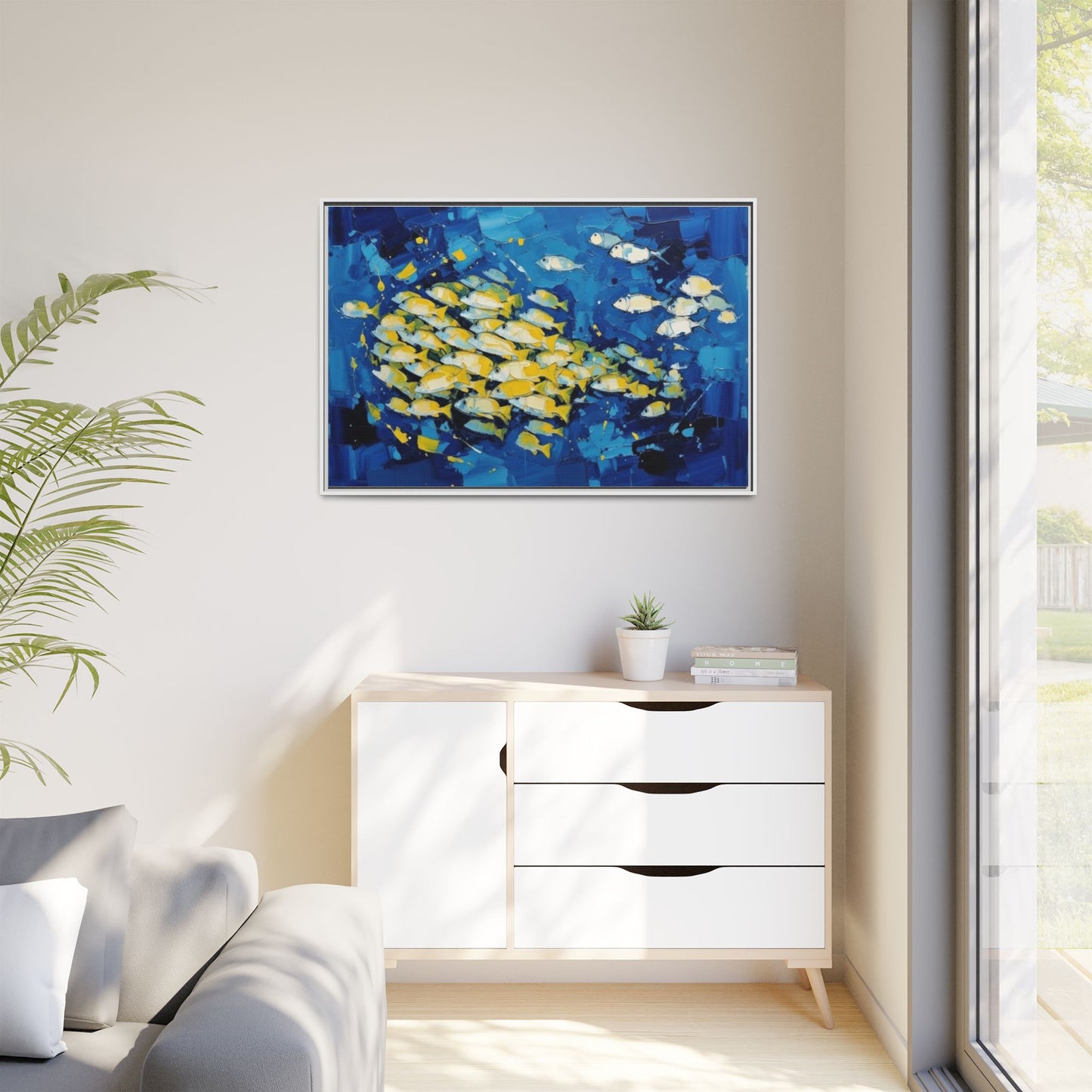 Framed Matte Canvas: Blue School of Fish Wall Art