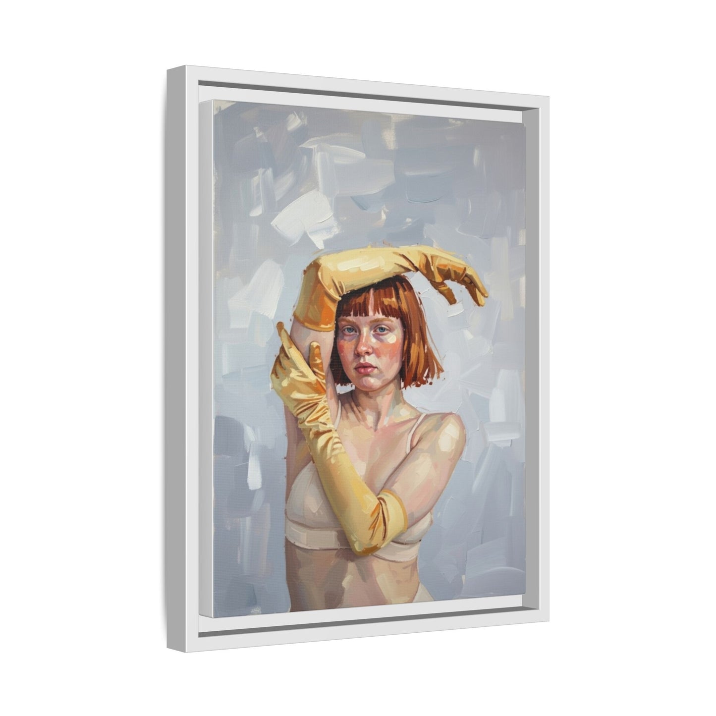 Contemporary Portrait Canvas Print — Woman with Yellow Gloves (Framed Matte)