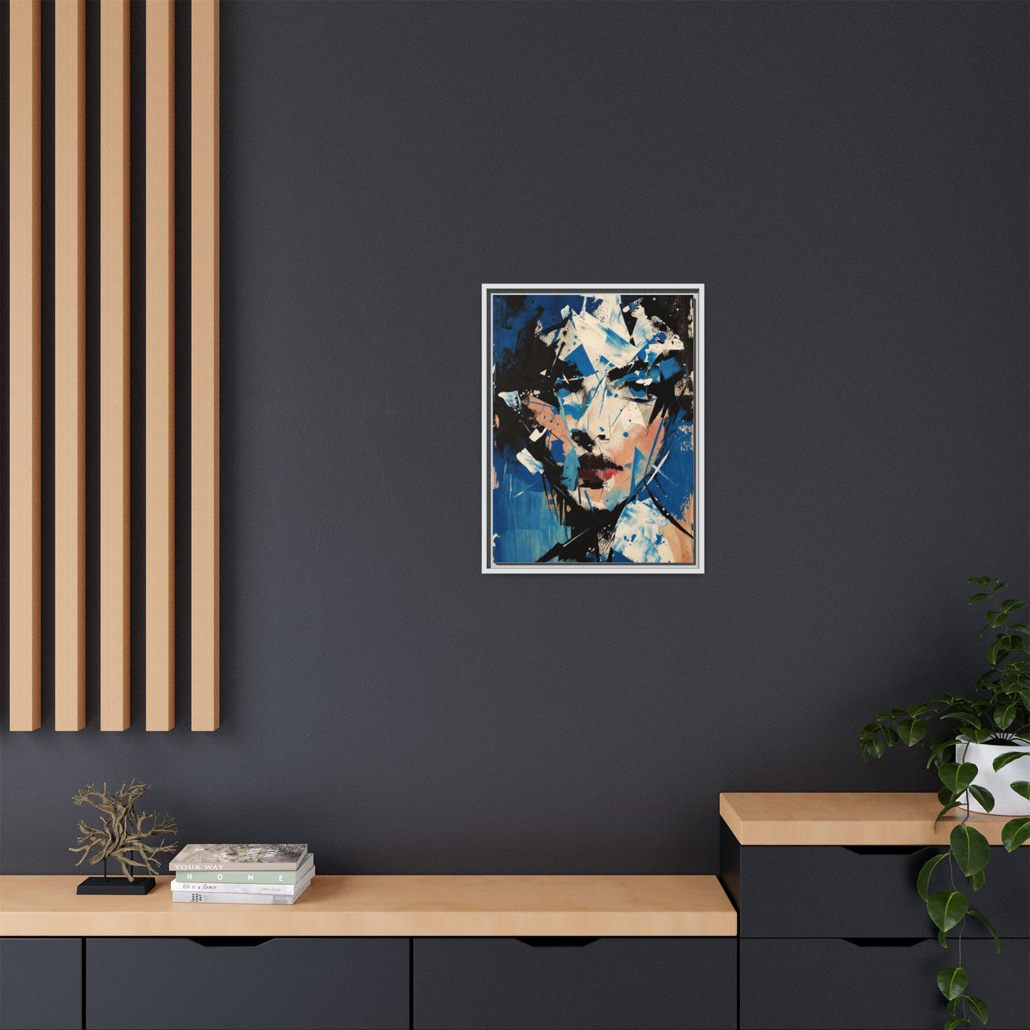 Abstract Portrait Matte Canvas Framed Wall Art — Blue Mixed-Media Face Print