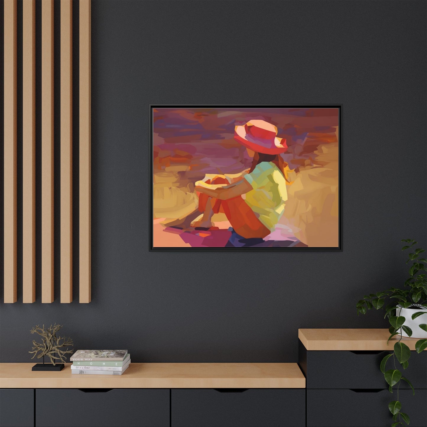 Framed Matte Canvas — Colorful Seated Girl Beach Art