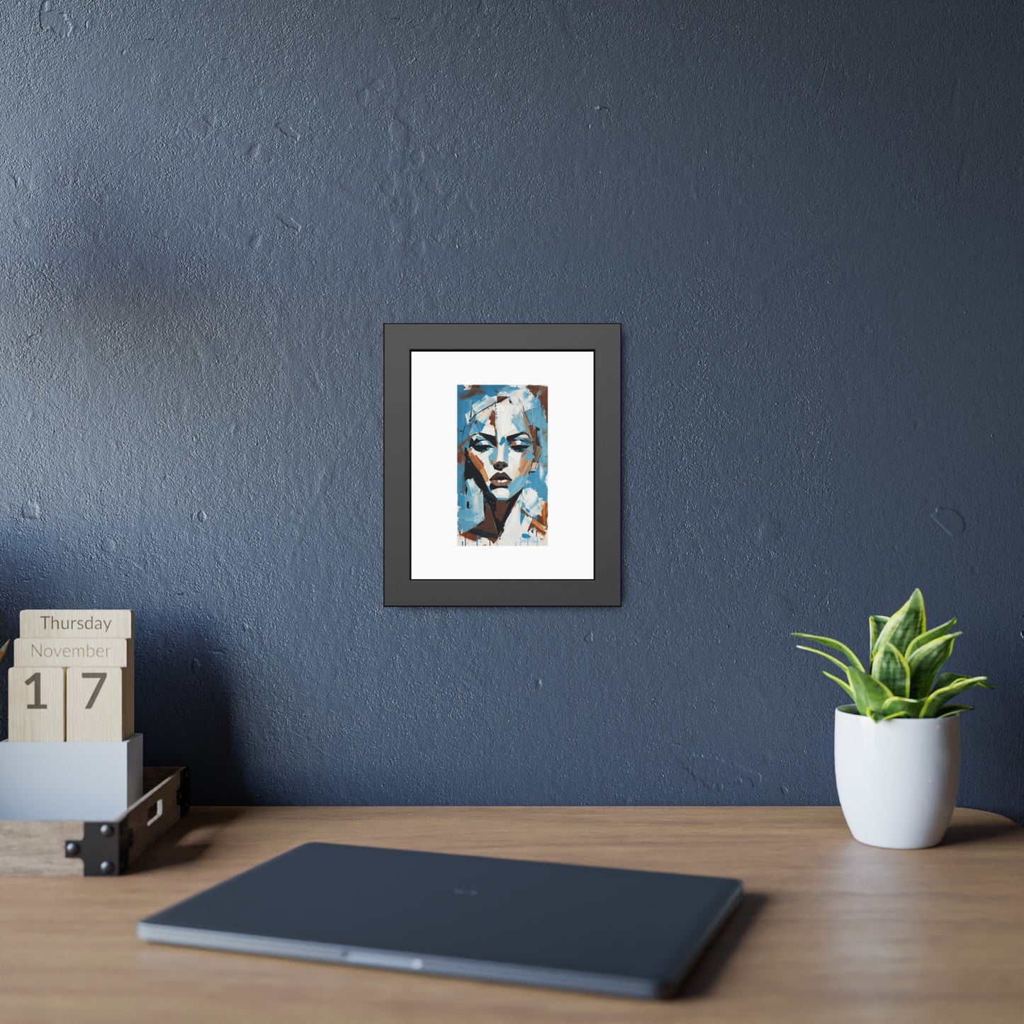 Framed Art Print - Abstract Blue Portrait Poster (Modern Wall Decor)