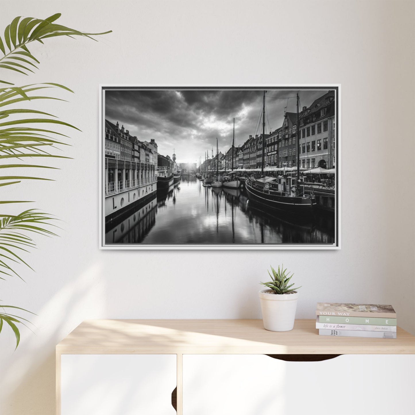 Framed Matte Canvas: Black & White Dutch Canal Photography Wall Art