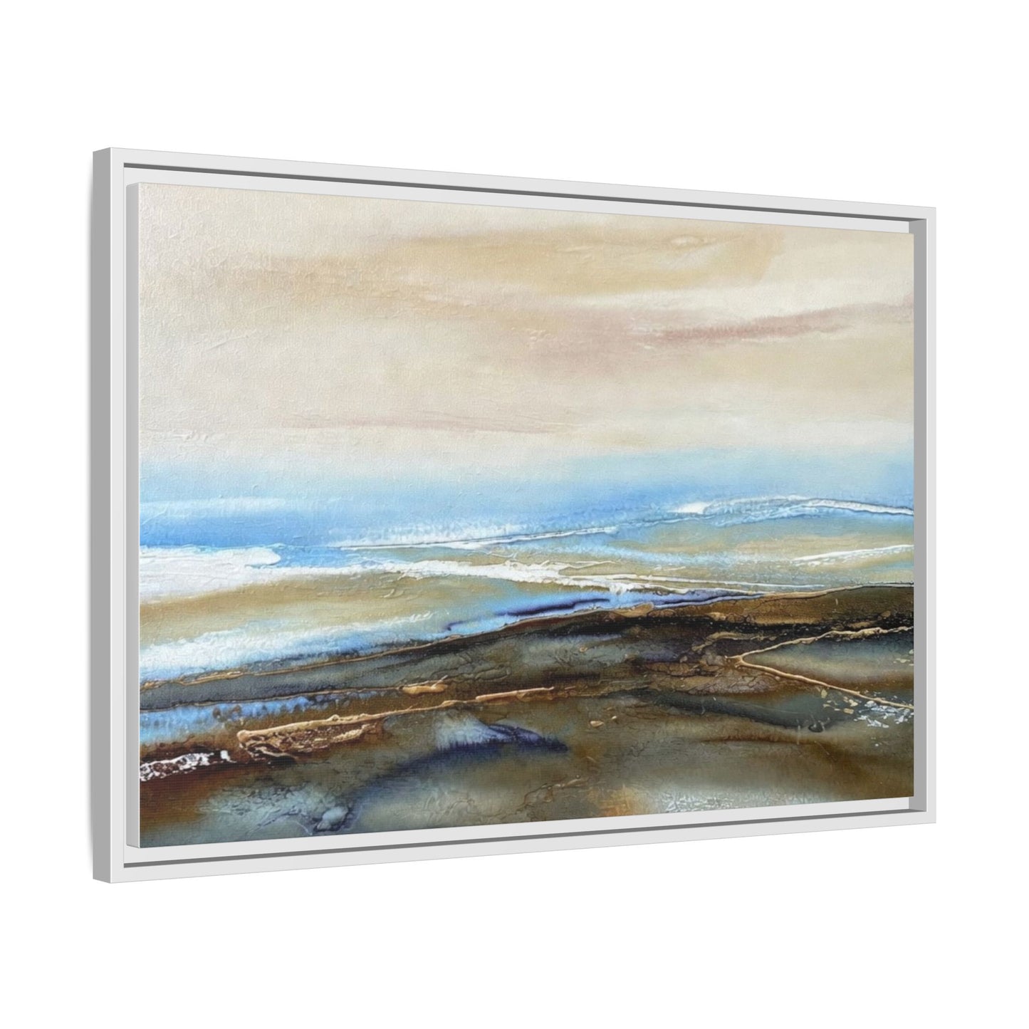 Framed Abstract Seascape Matte Canvas — Coastal Blue & Earth Tone Wall Art