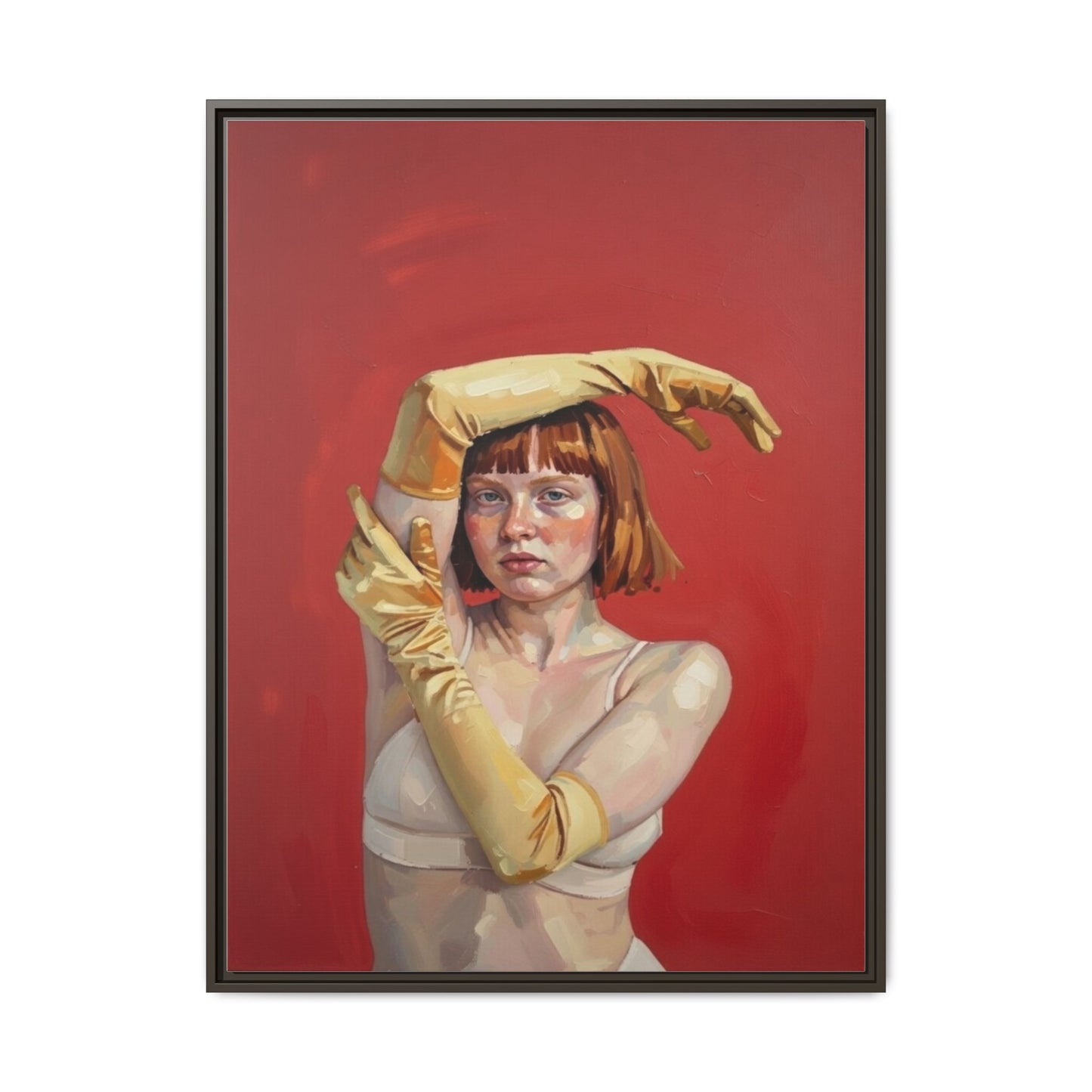 Framed Matte Canvas Art - Portrait of Woman in Yellow Gloves (Red Background)