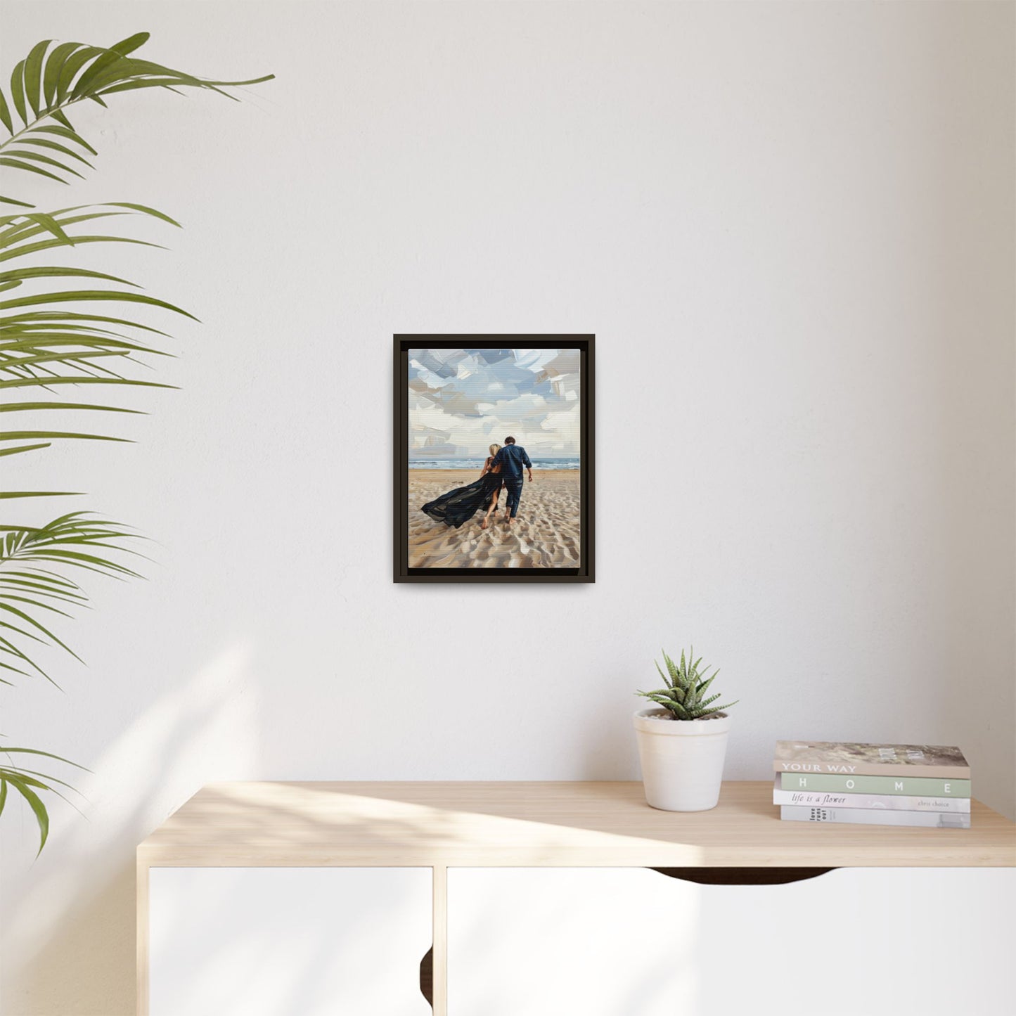 Framed Canvas Wall Art — Romantic Couple Walking on Beach Print
