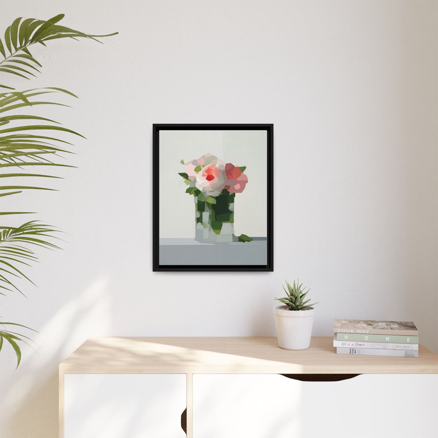 Framed Floral Canvas Print — Modern Pink Roses Still Life