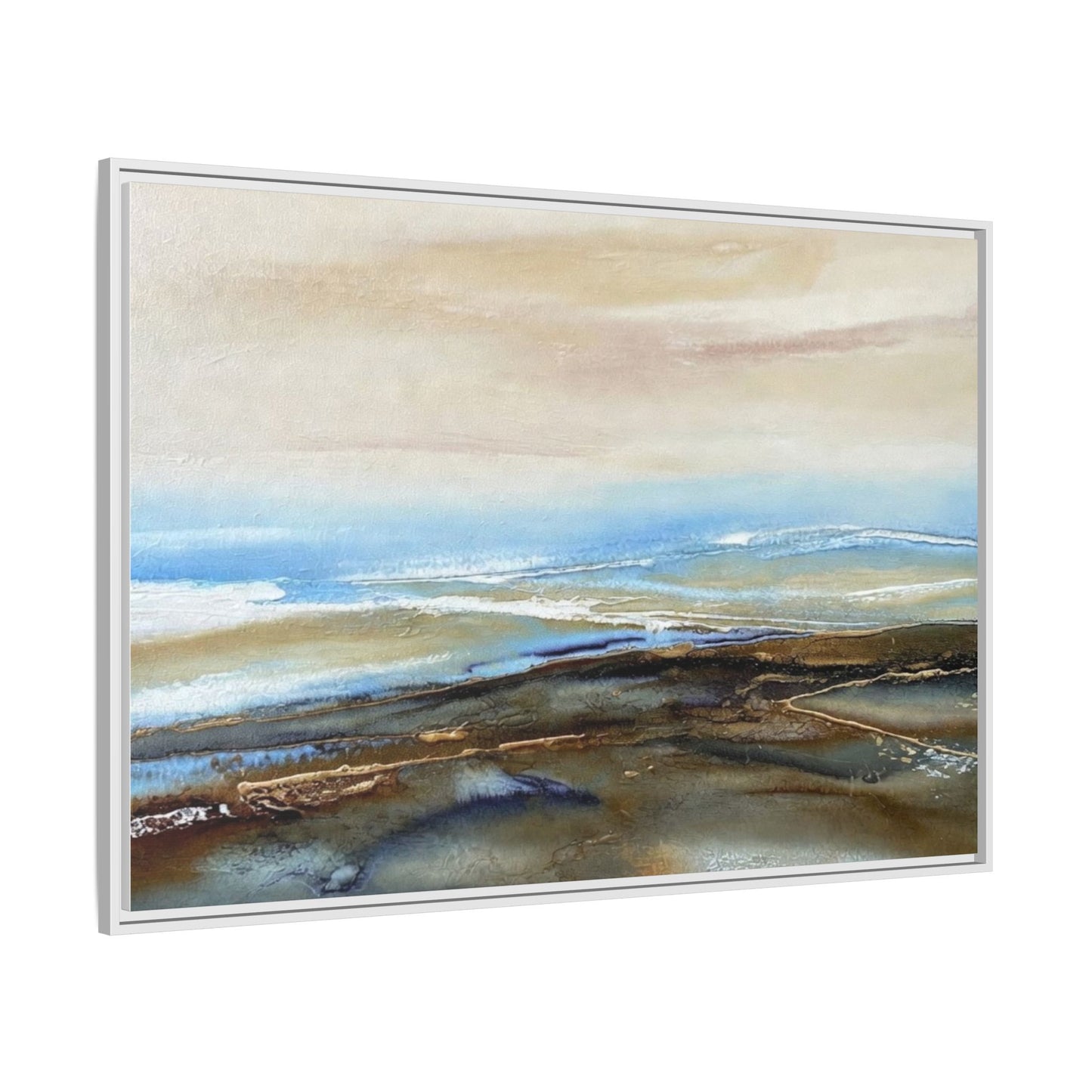 Framed Abstract Seascape Matte Canvas — Coastal Blue & Earth Tone Wall Art