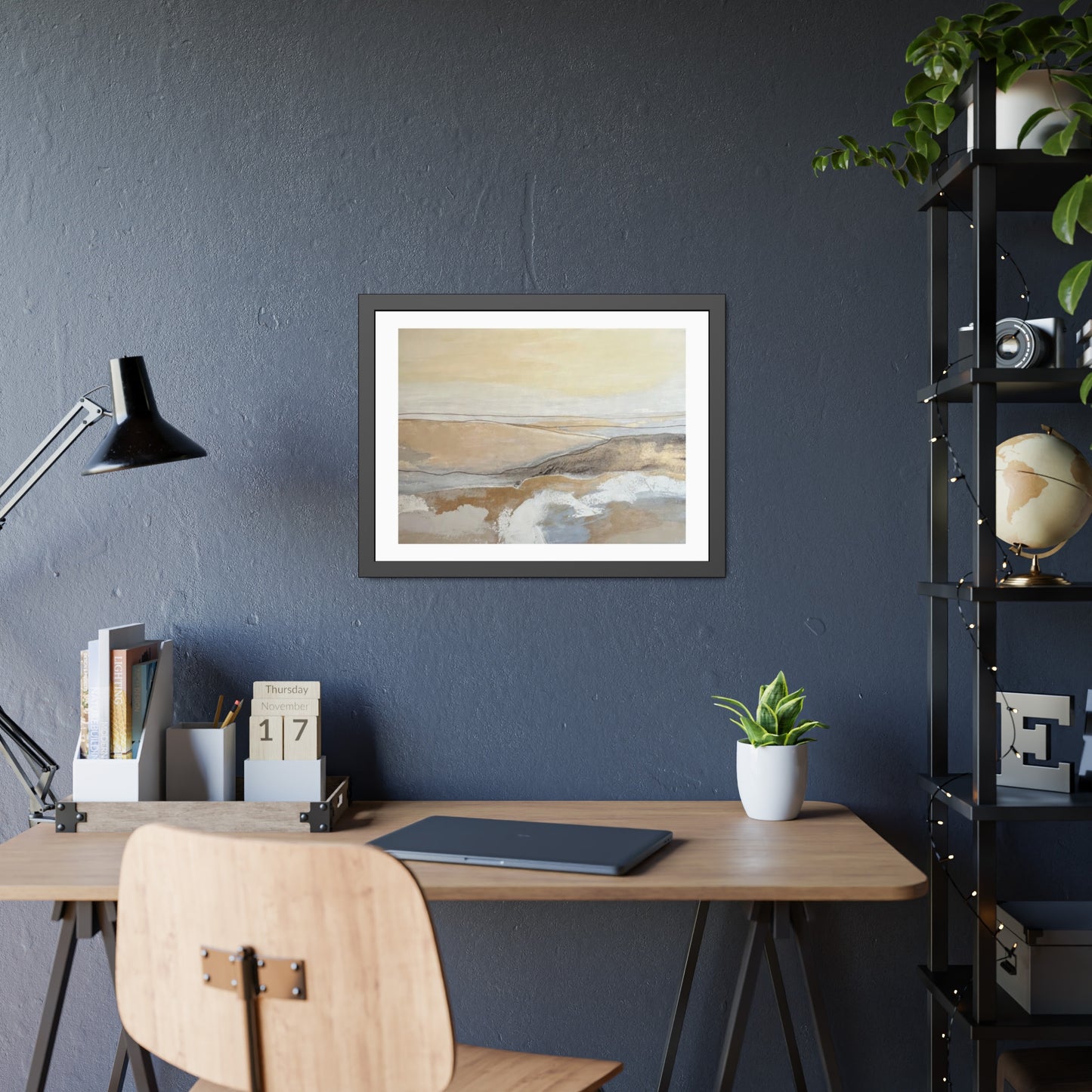 Abstract Coastal Landscape Framed Paper Poster — Neutral Beige Blue Wall Art