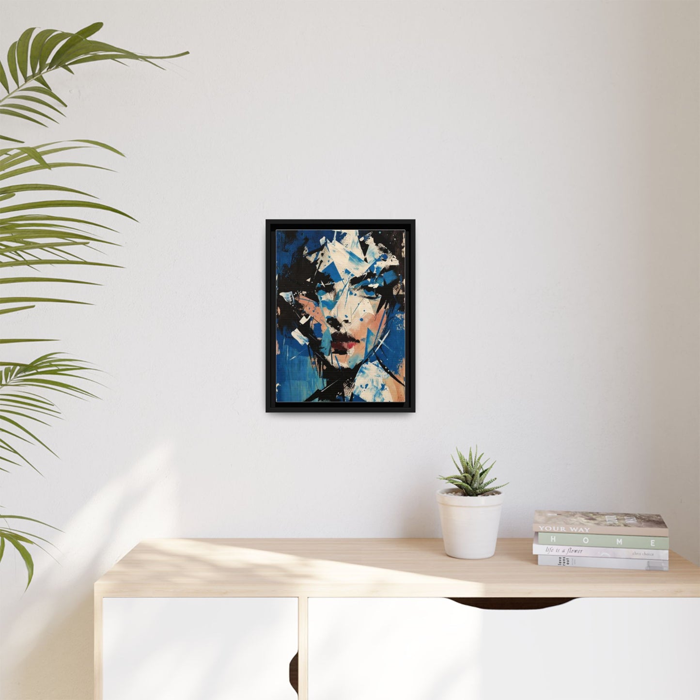 Abstract Portrait Matte Canvas Framed Wall Art — Blue Mixed-Media Face Print