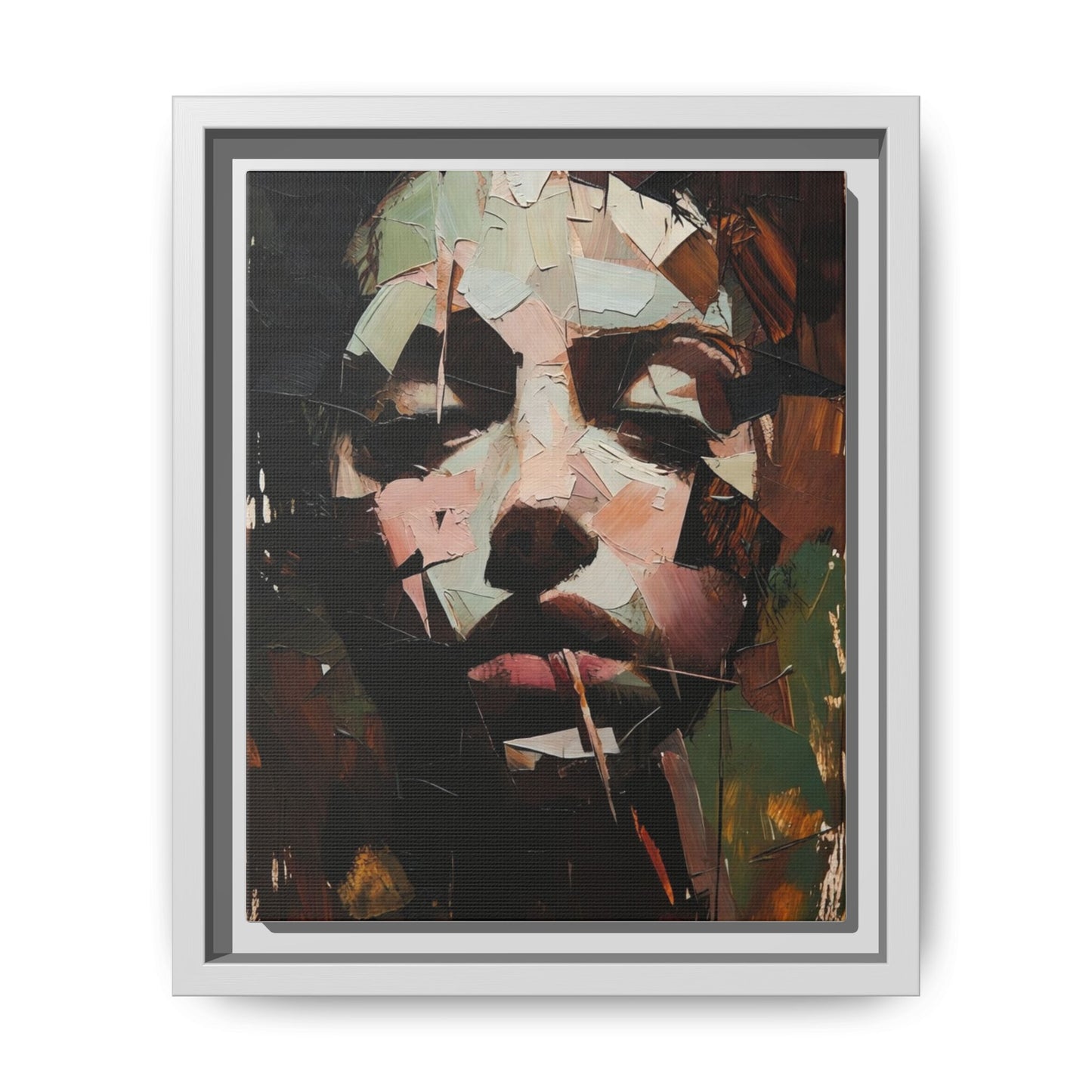 Matte Framed Canvas Art — Abstract Female Portrait, Moody Multicolor