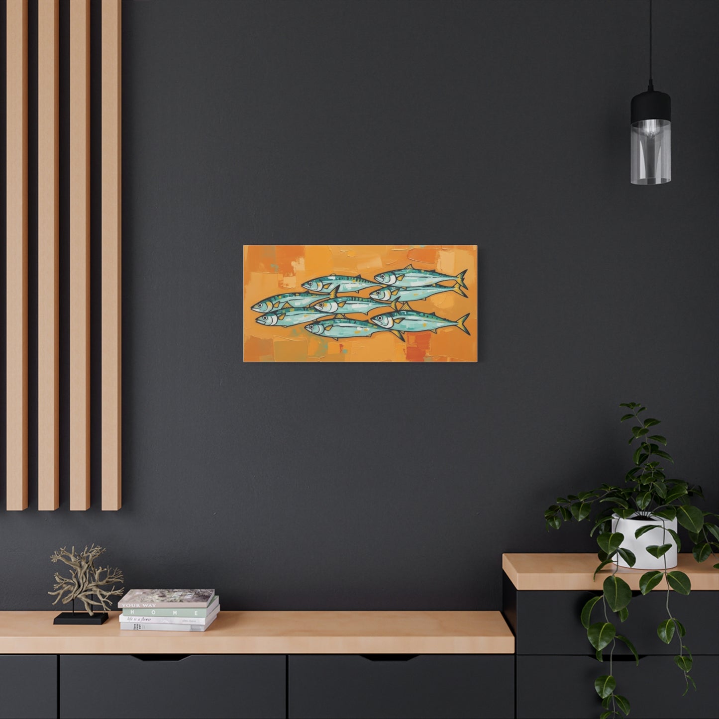 School of Mackerel Canvas Wall Art — Nautical Fish Painting on Orange Background