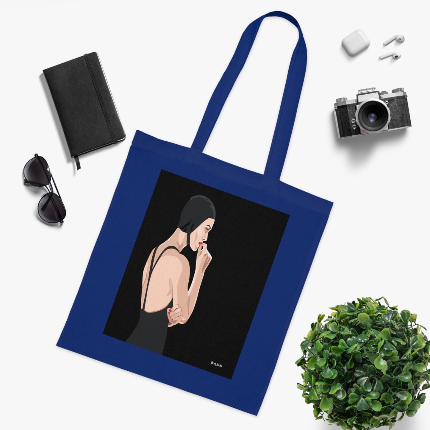 Minimalist Femme Portrait Cotton Tote — Chic Black-Back Illustration Tote Bag