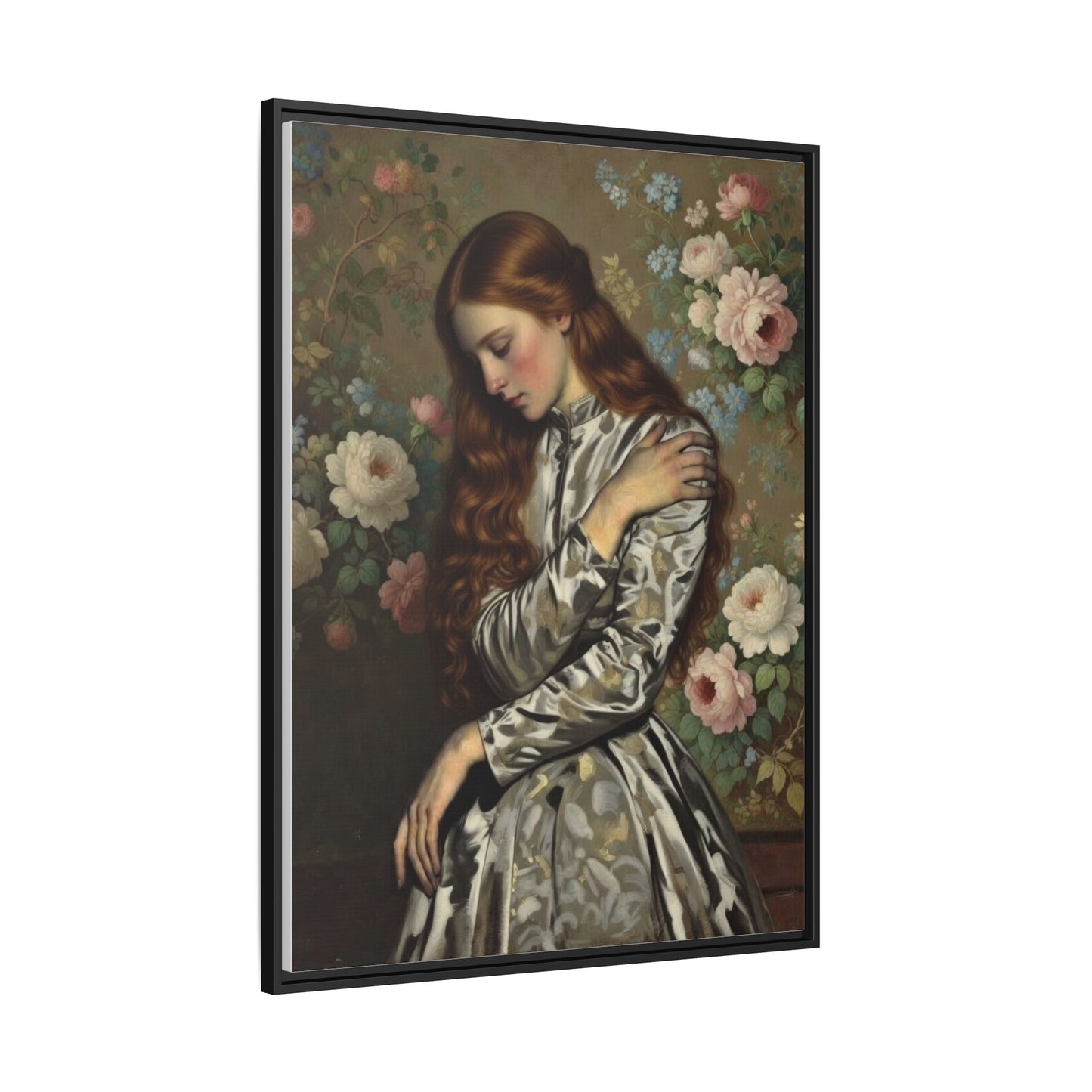 Framed Matte Canvas Art — Vintage Floral Portrait of a Young Woman