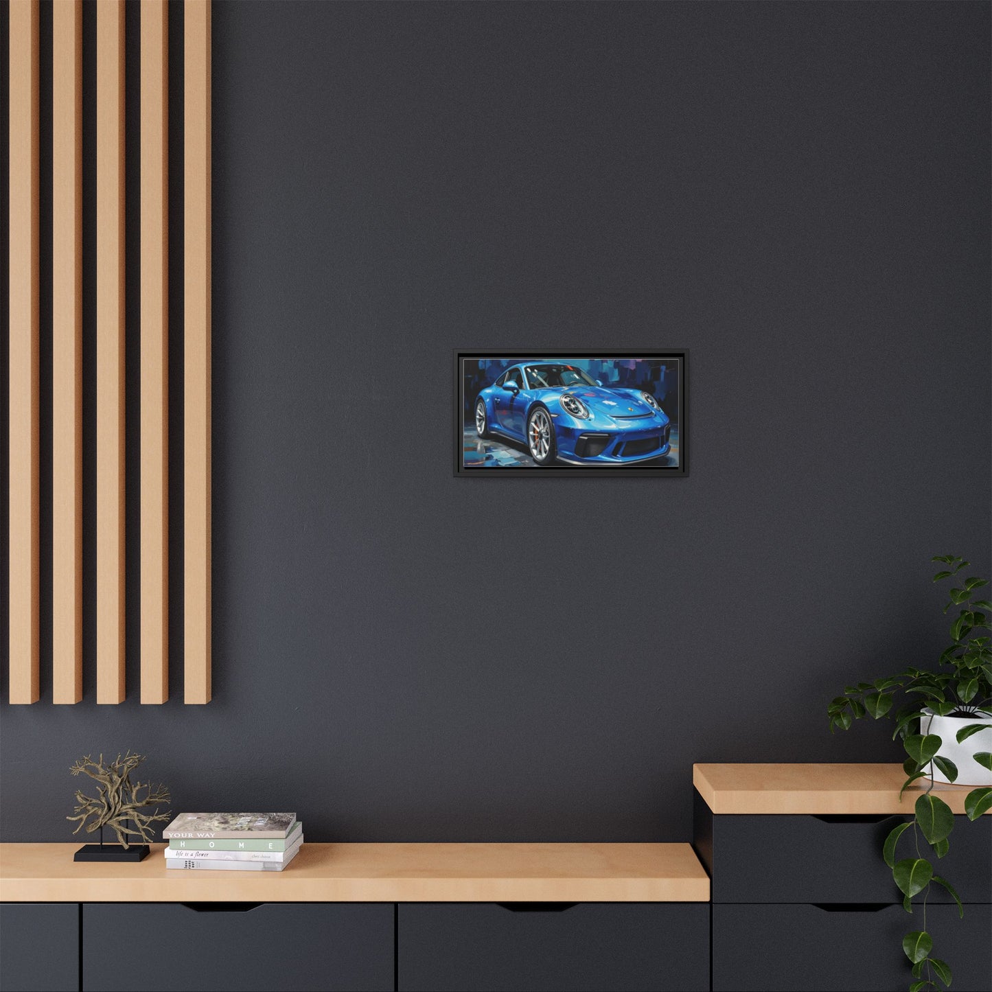 Blue Sports Car Matte Canvas Framed Print — Modern Automotive Wall Art