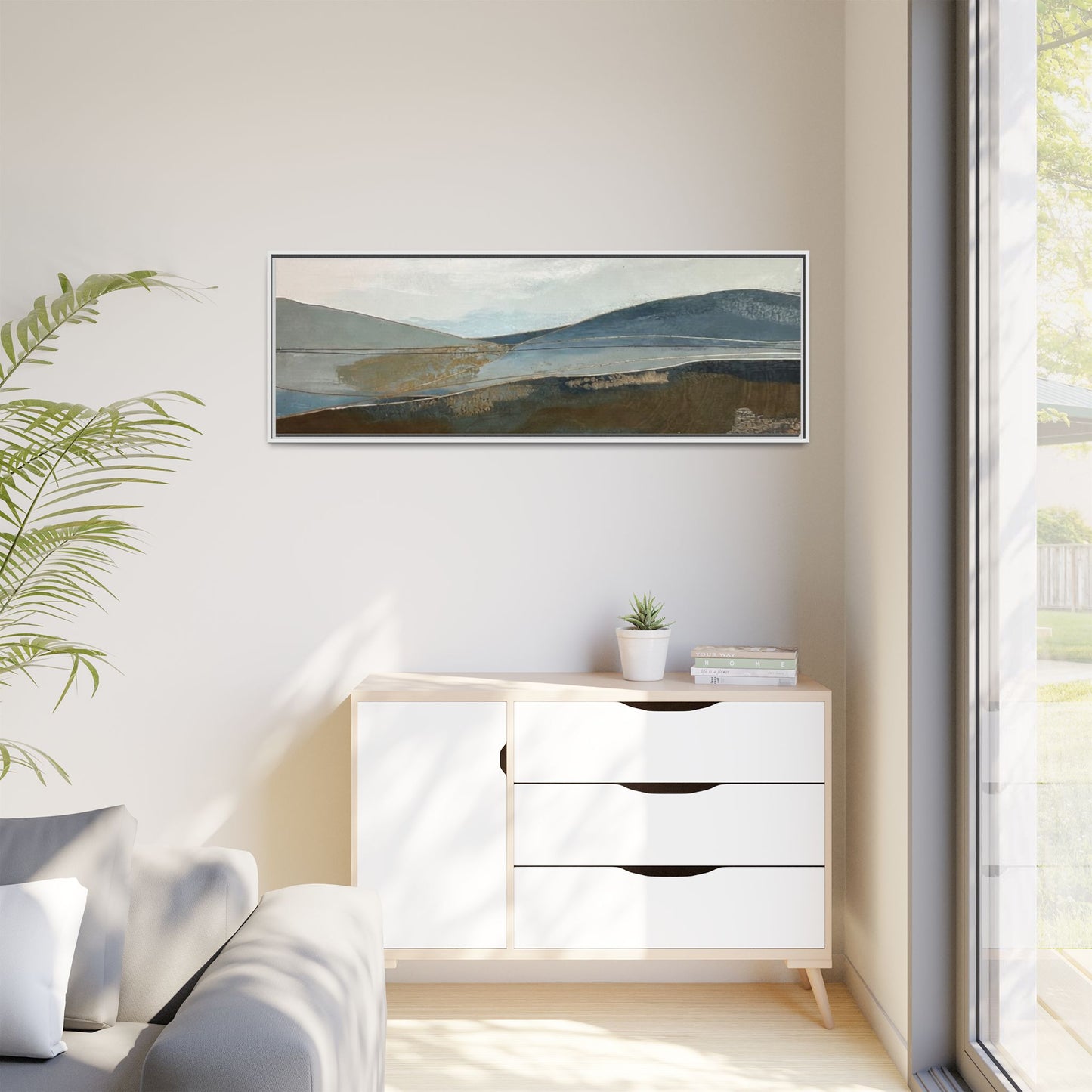 Framed Matte Canvas Landscape Art - Serene Abstract Hills in Blue & Earth Tones