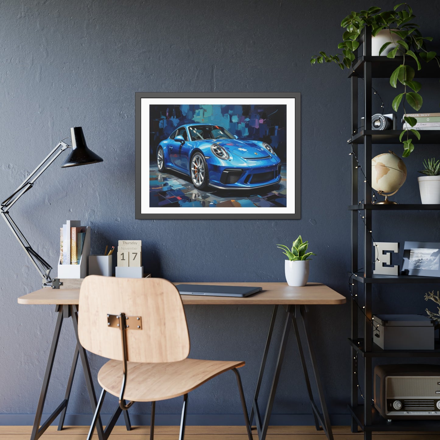 Blue Sports Car Framed Poster — Modern Automotive Wall Art