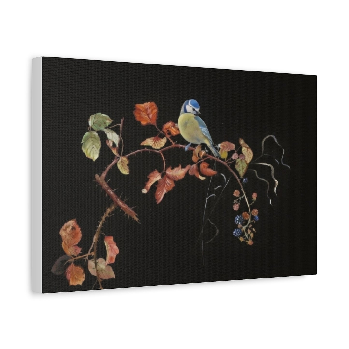 Canvas Wall Art - Blue Tit on Autumn Branch, Stretched Matte Canvas
