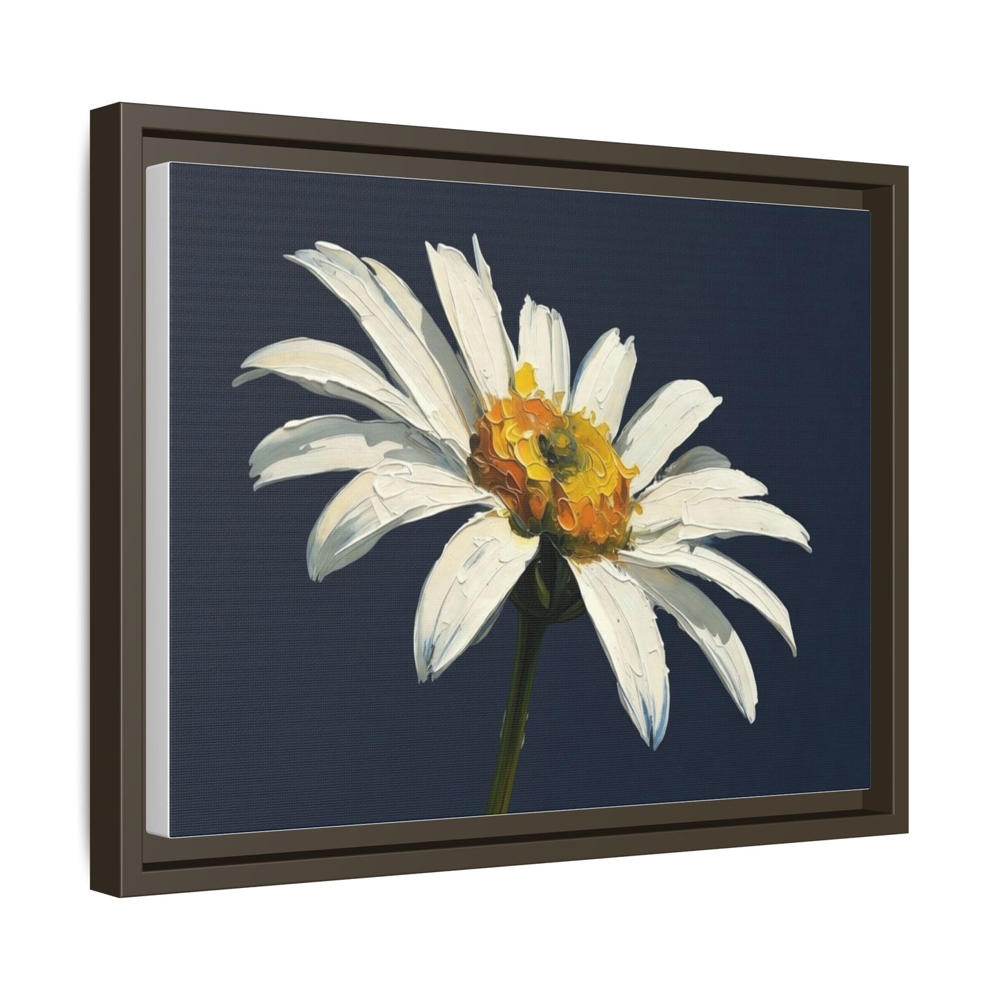 Framed Matte Canvas Daisy Wall Art — White Floral Painting on Navy