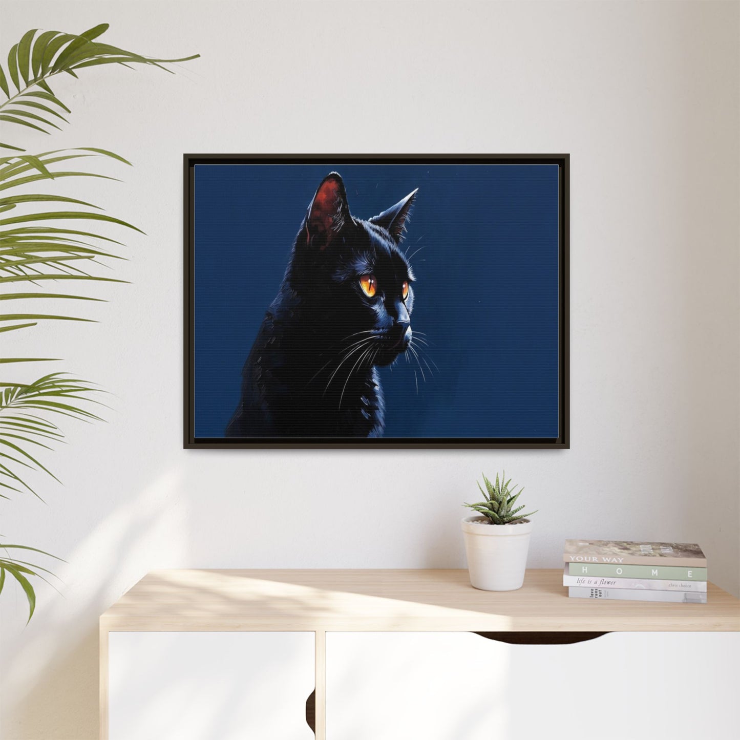 Black Cat Portrait Matte Canvas Framed Wall Art — Dramatic Feline Photo Print