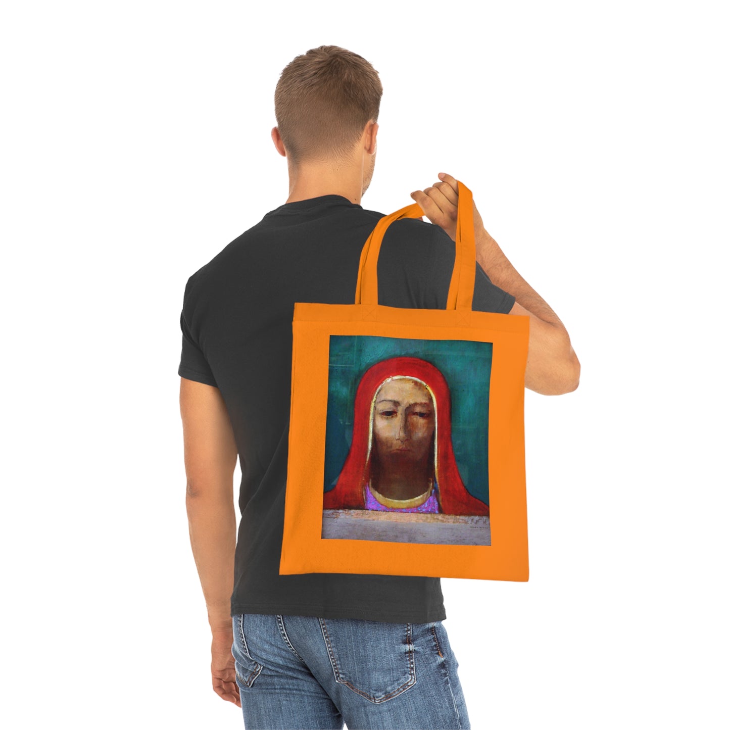 Art Portrait Tote Bag — Serene Red-Hooded Figure Canvas Cotton Tote