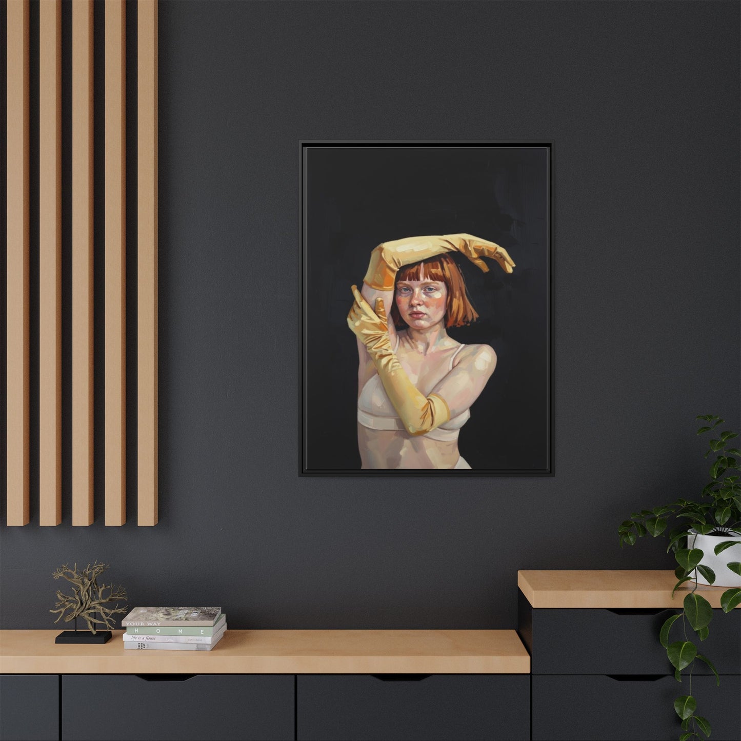 Framed Matte Canvas Art – Portrait of Woman in Yellow Gloves