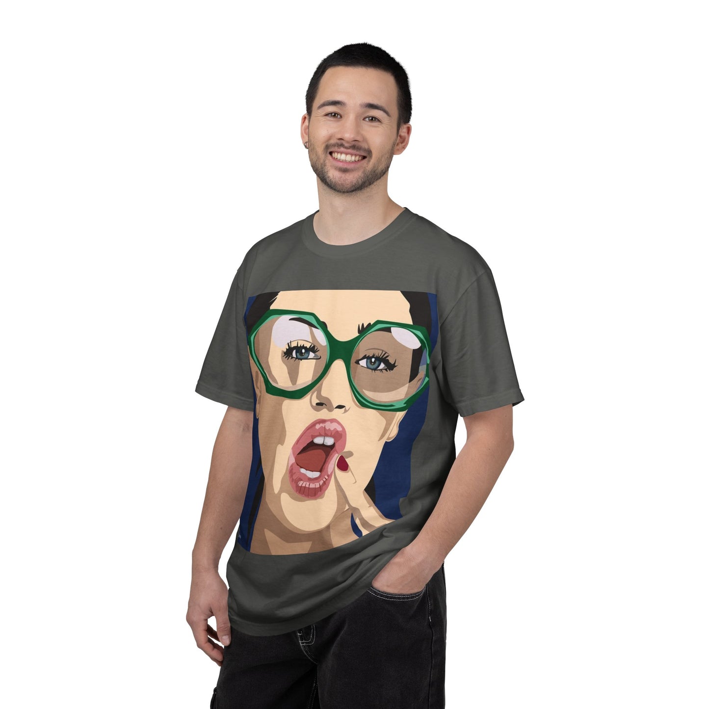 Pop Art Woman Graphic T‑Shirt — Retro Chic Green Glasses Design