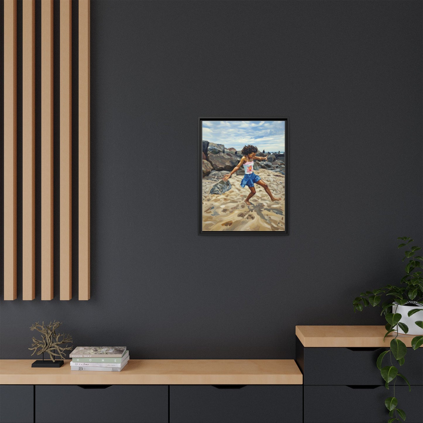 Framed Canvas Art - Girl Dancing on the Beach (Matte Multi-Color)