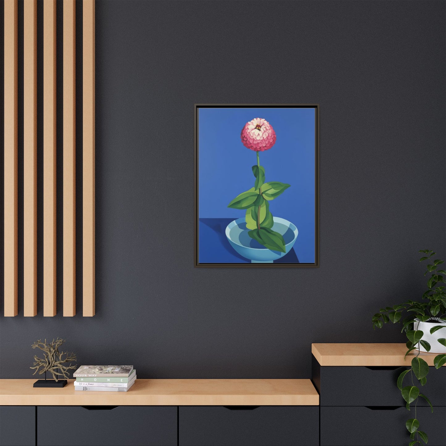 Framed Matte Canvas Art — Pink Zinnia in Blue Bowl (Botanical Still Life)