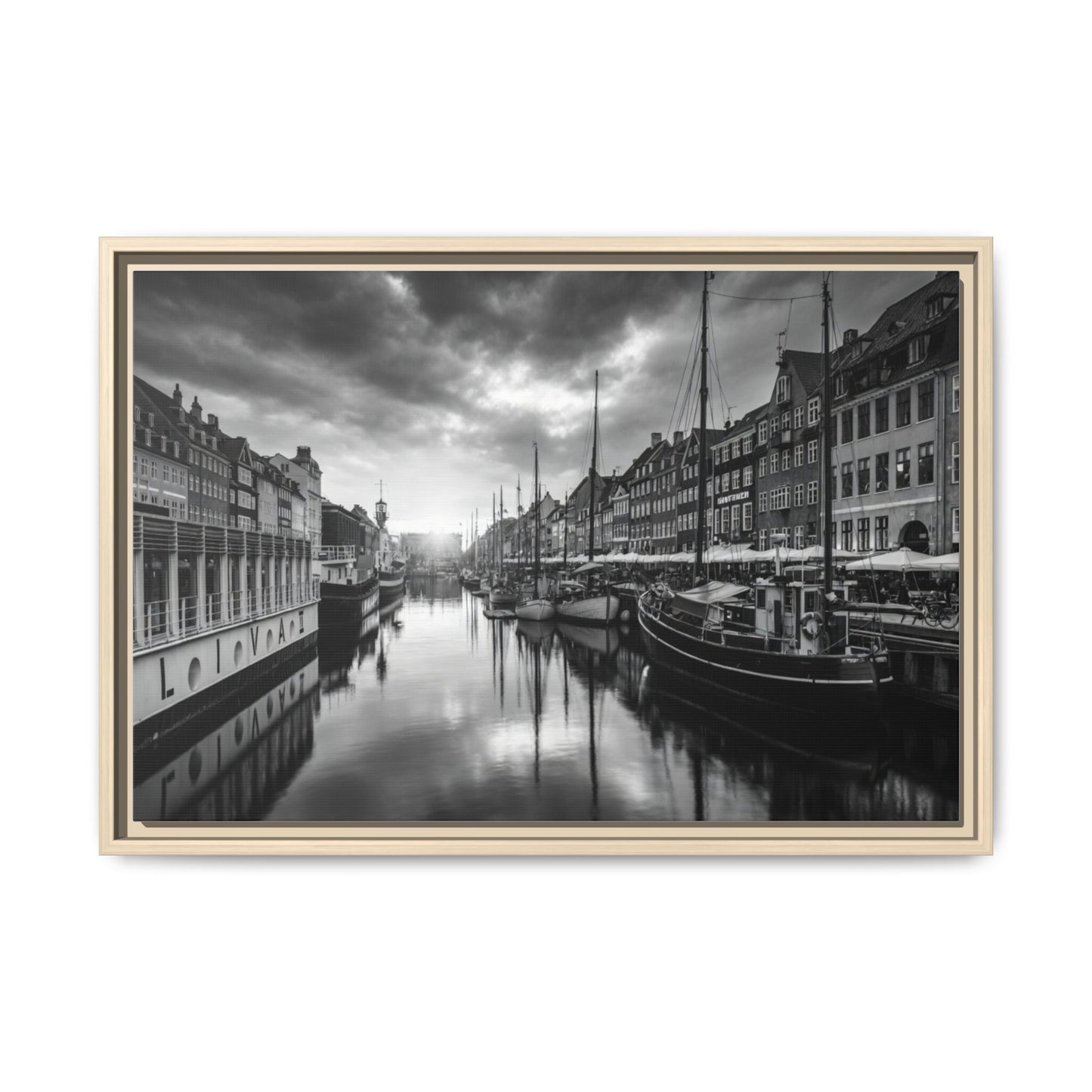 Framed Matte Canvas: Black & White Dutch Canal Photography Wall Art