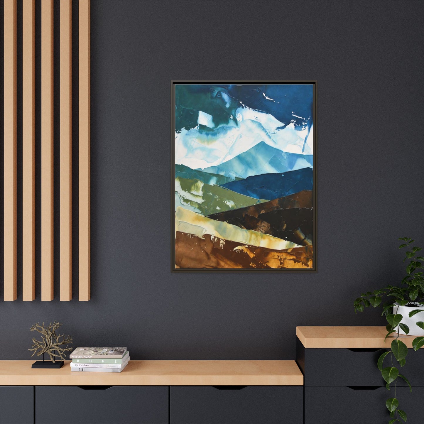 Framed Abstract Mountain Canvas Art — Blue & Earthtone Landscape Print