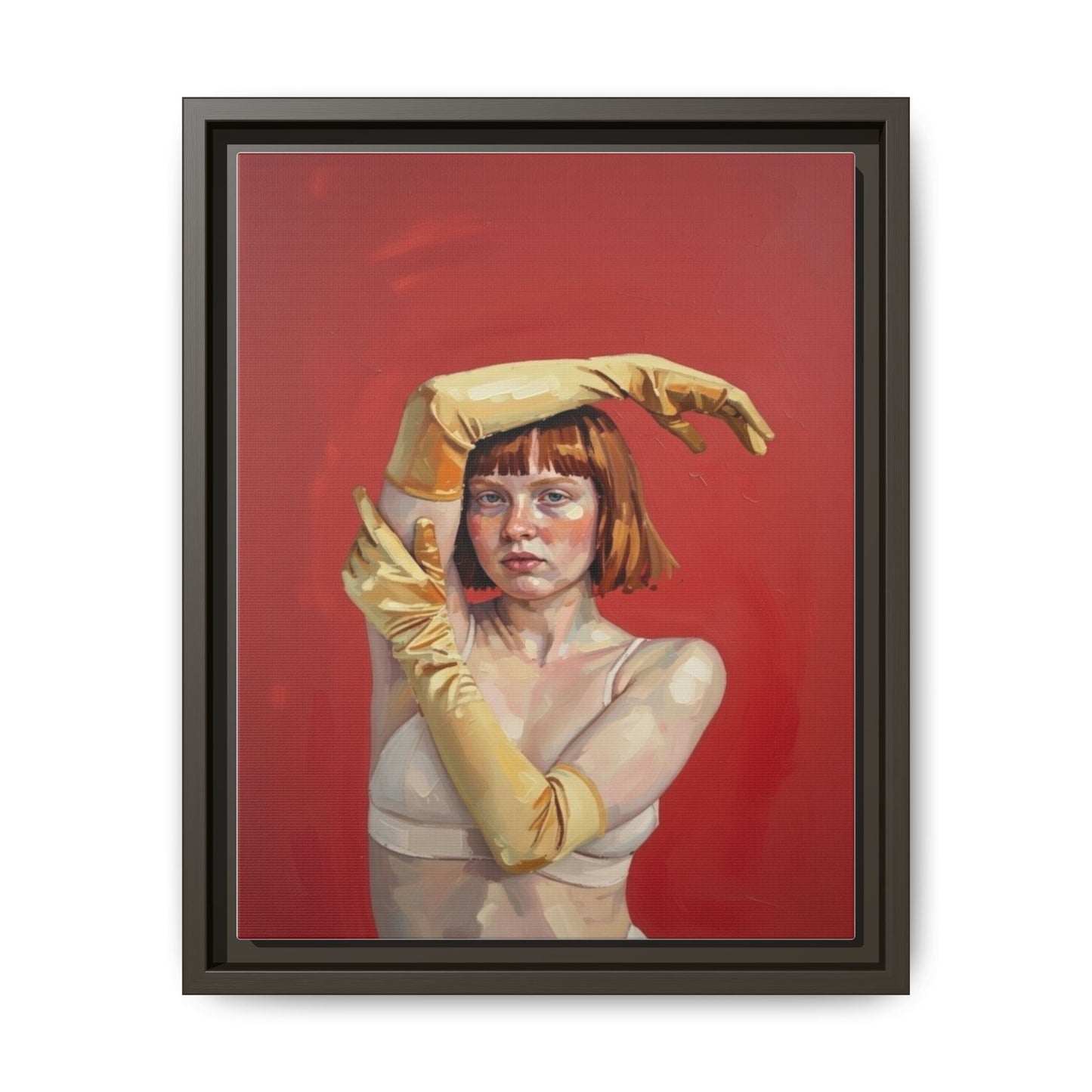 Framed Matte Canvas Art - Portrait of Woman in Yellow Gloves (Red Background)