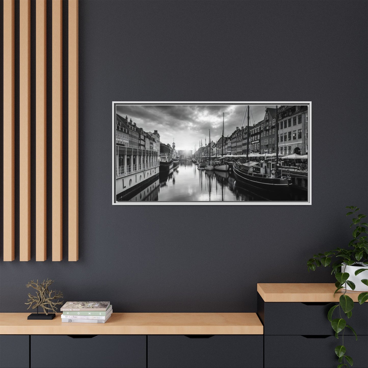 Framed Matte Canvas: Black & White Dutch Canal Photography Wall Art