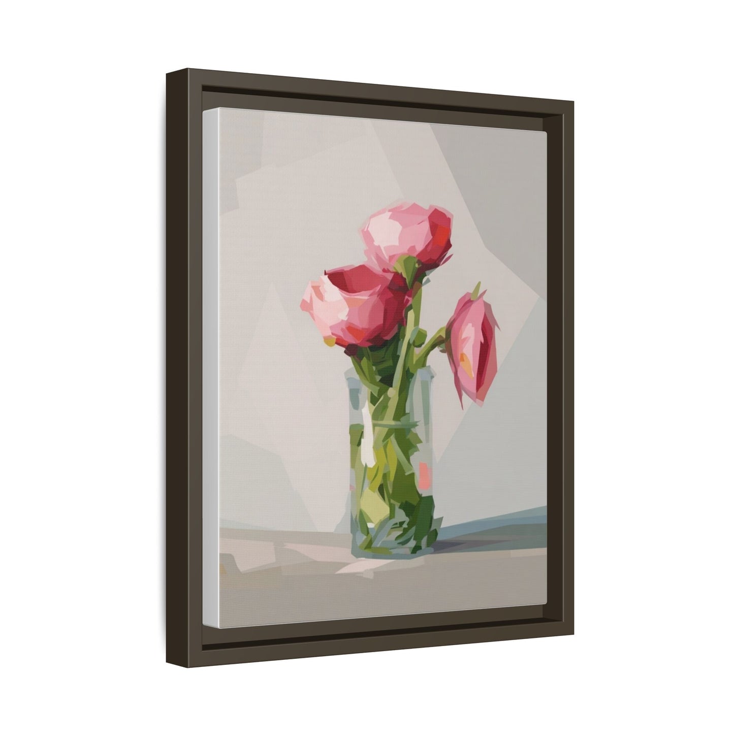 Framed Canvas Art — Pink Roses in Vase, Modern Floral Wall Print