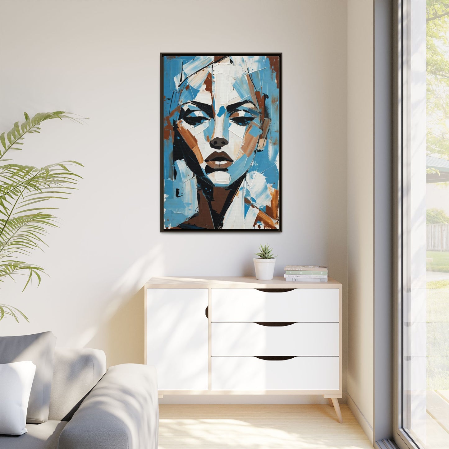 Abstract Blue Face Matte Canvas Wall Art — Framed Modern Portrait Print