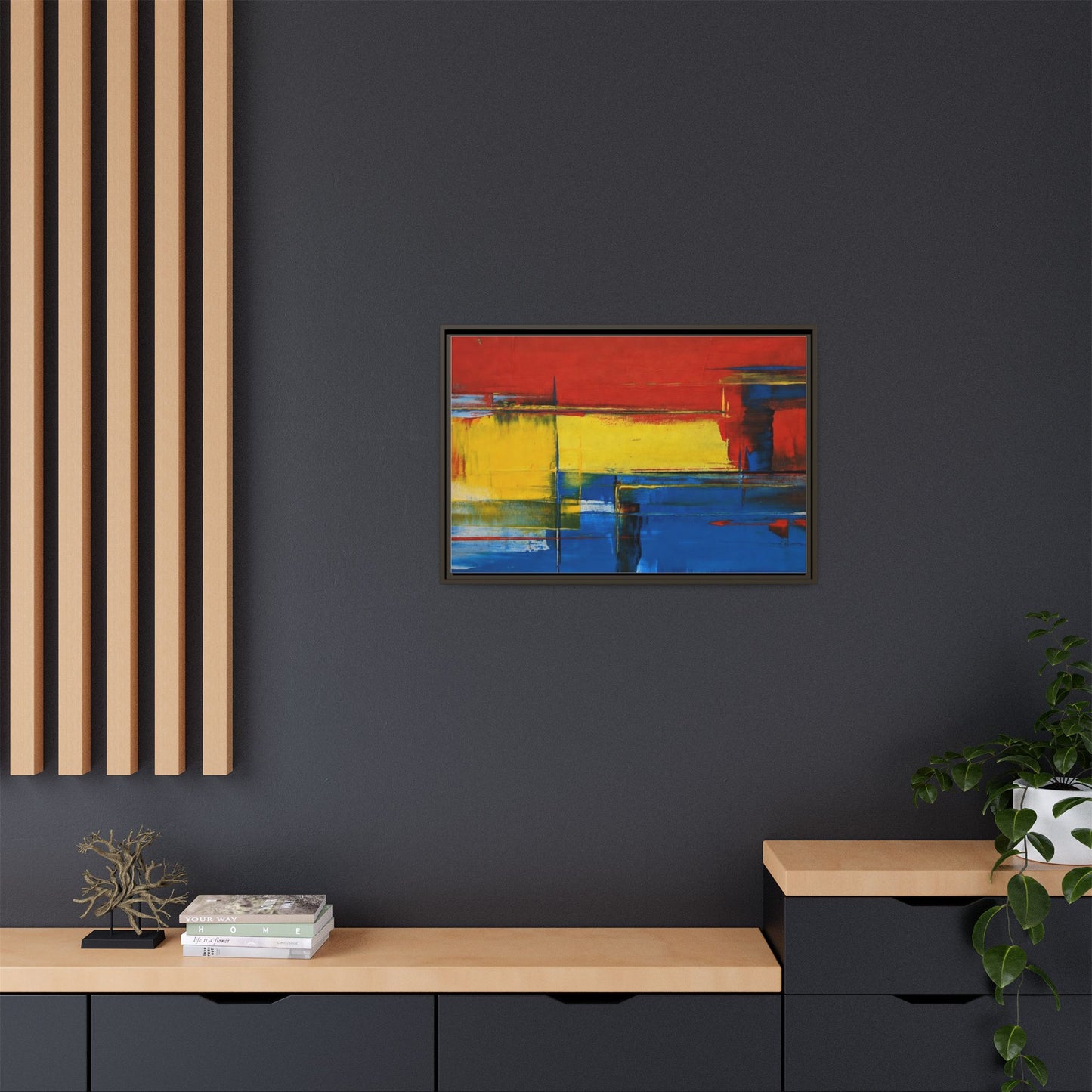 Abstract Color Block Matte Canvas Framed Wall Art — Modern Red Yellow Blue Painting