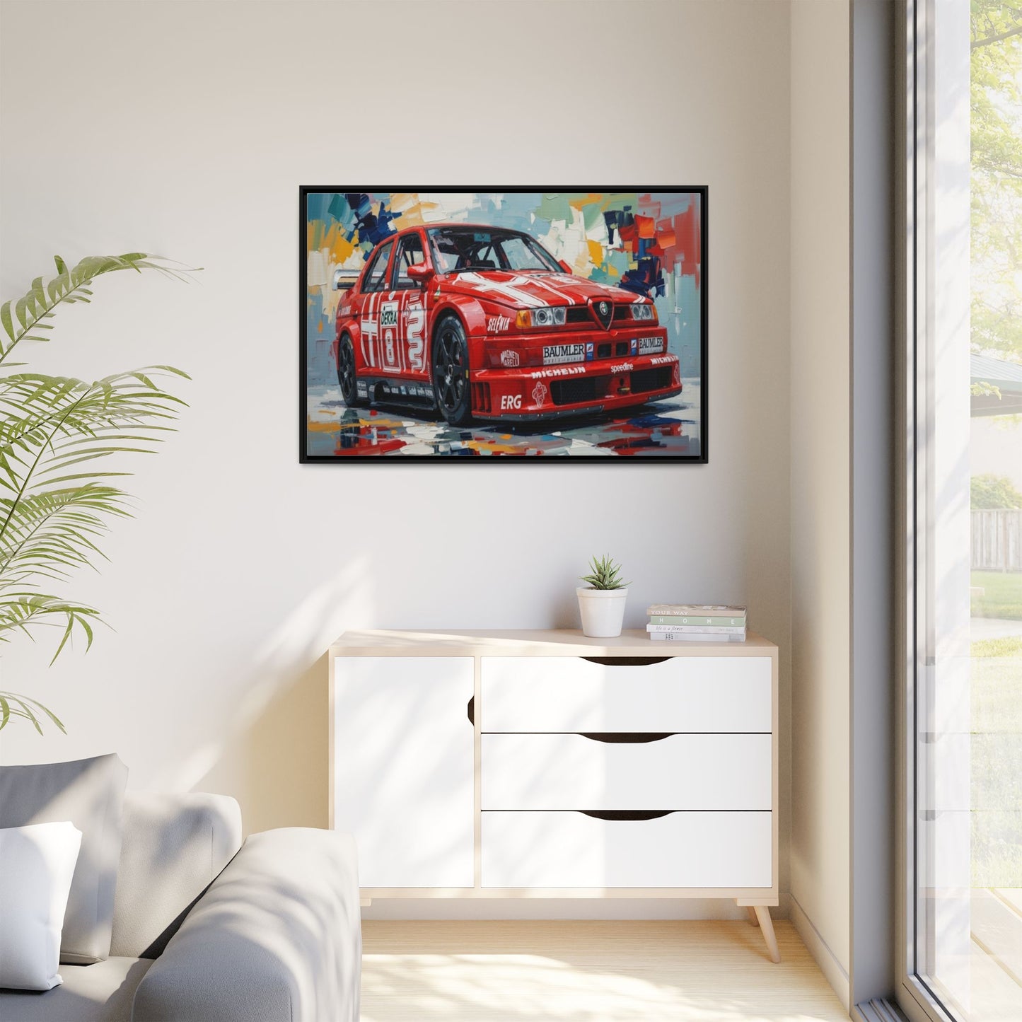 Framed Racing Car Canvas Print — Red Alfa Romeo Track Art