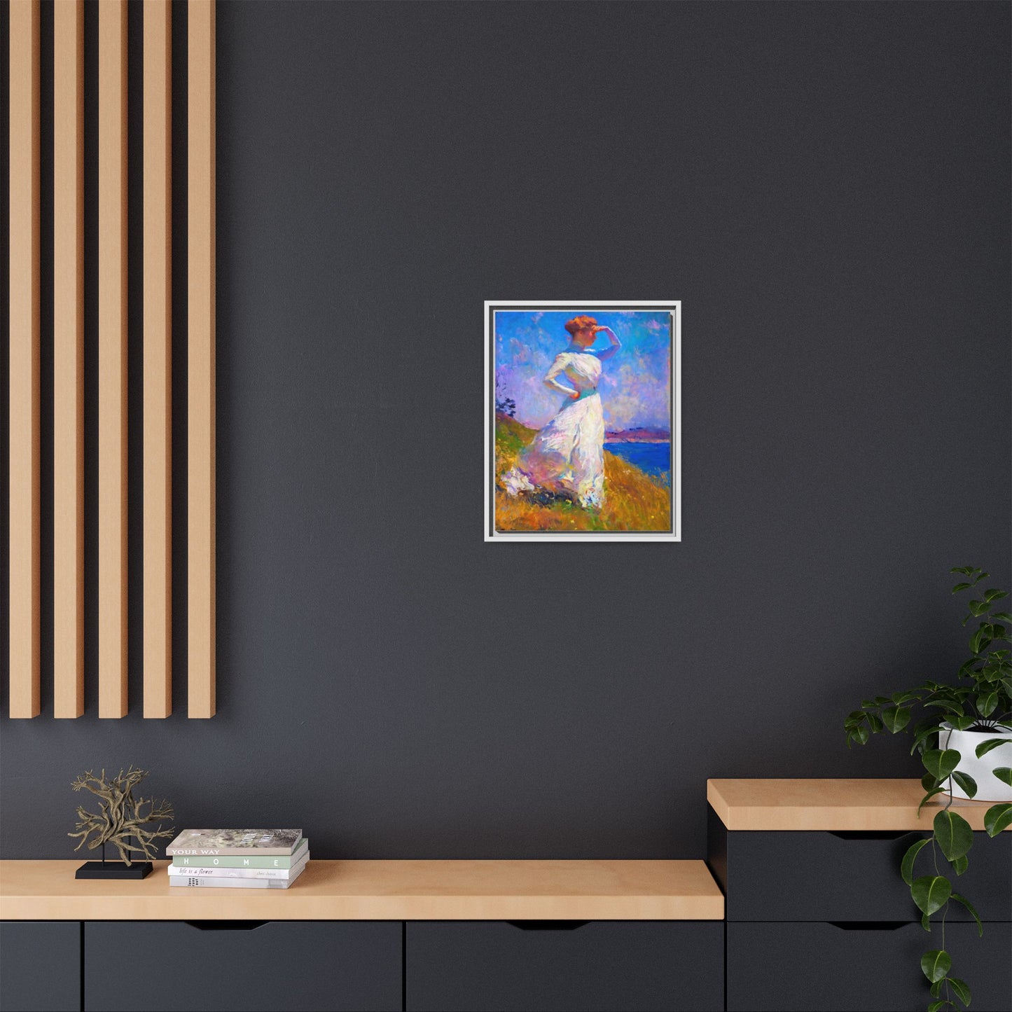 Framed Matte Canvas Art - Woman in White Seaside Impressionist Print