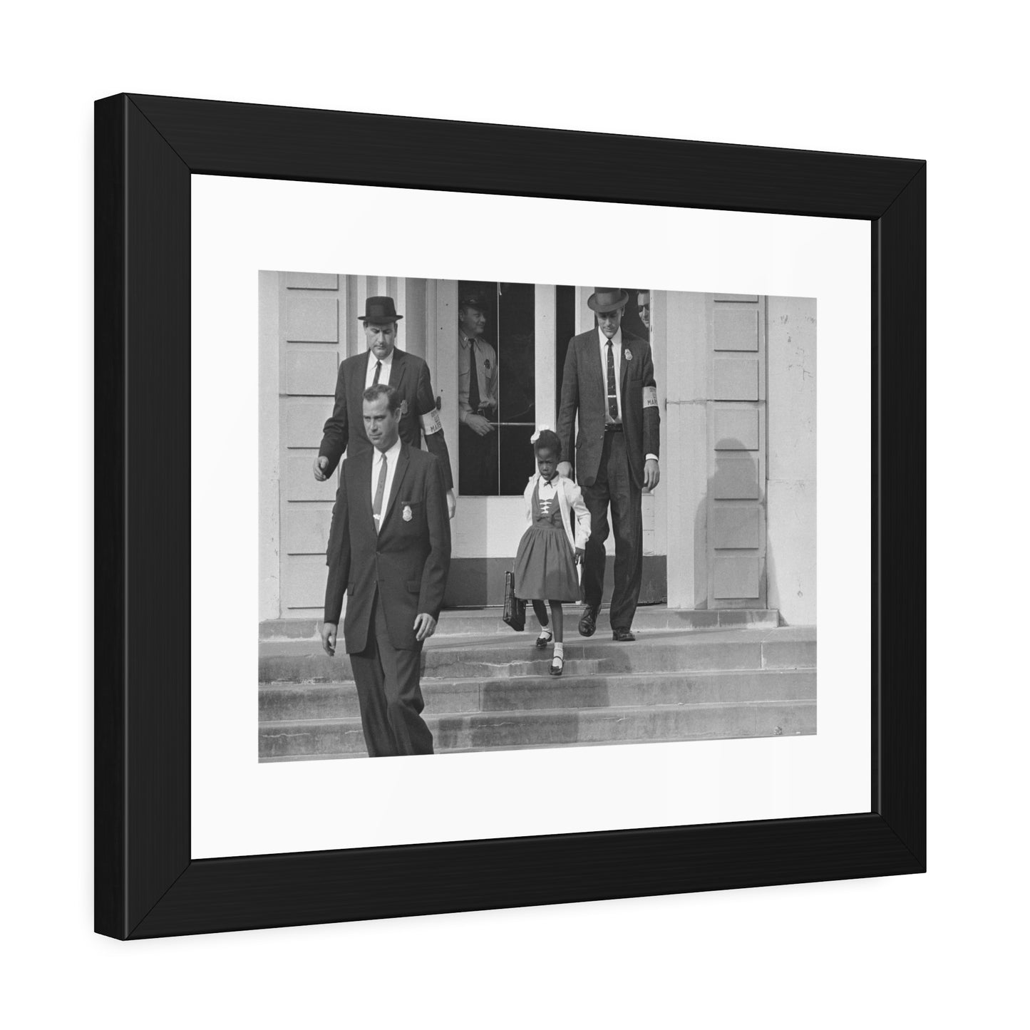 US Marshals with Young Ruby Bridges on School Steps by Unknown  Black & White Civil Rights Photograph Framed Wall Art Print