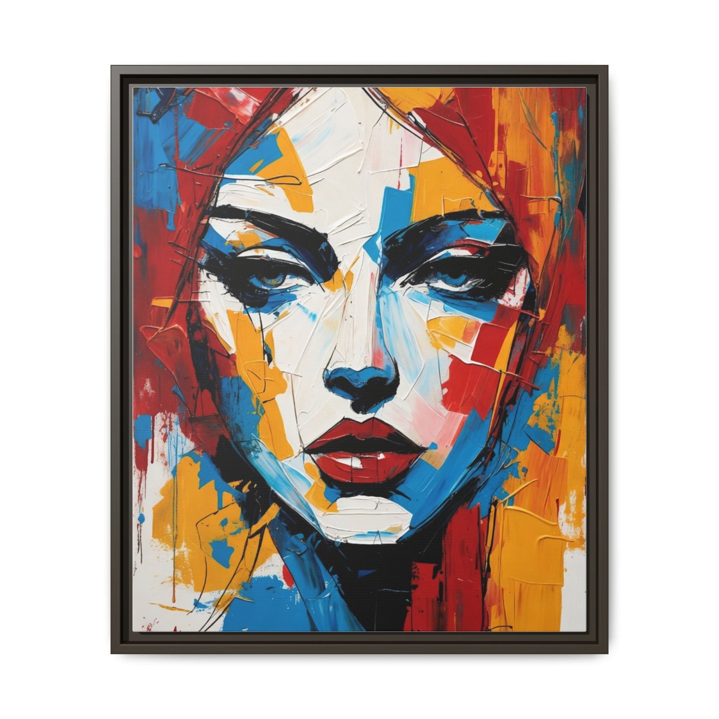 Framed Abstract Portrait Canvas — Colorful Female Face Wall Art