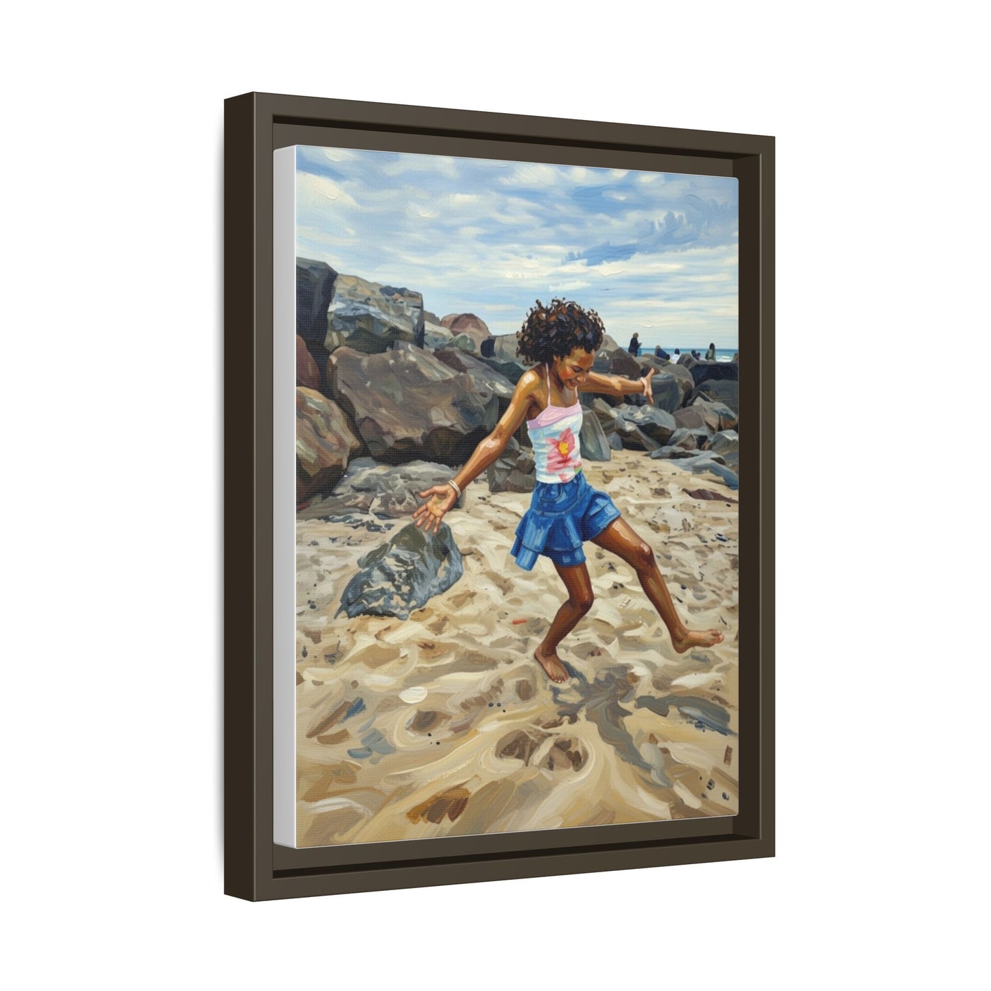 Framed Canvas Art - Girl Dancing on the Beach (Matte Multi-Color)