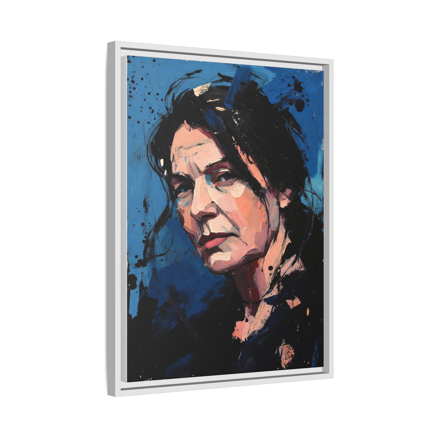 Framed Matte Canvas Portrait — Expressive Blue Painterly Woman Art