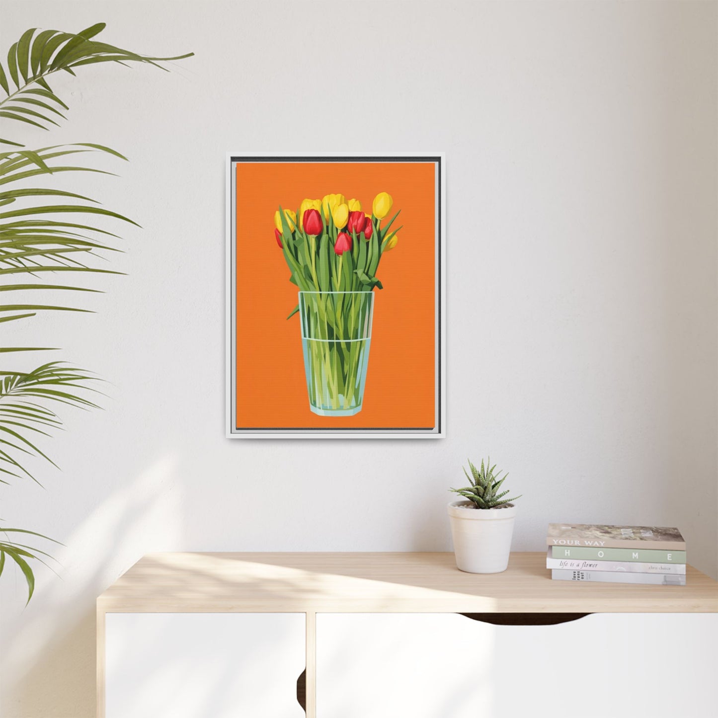 Framed Tulip Canvas Print — Colorful Tulips in Glass Vase