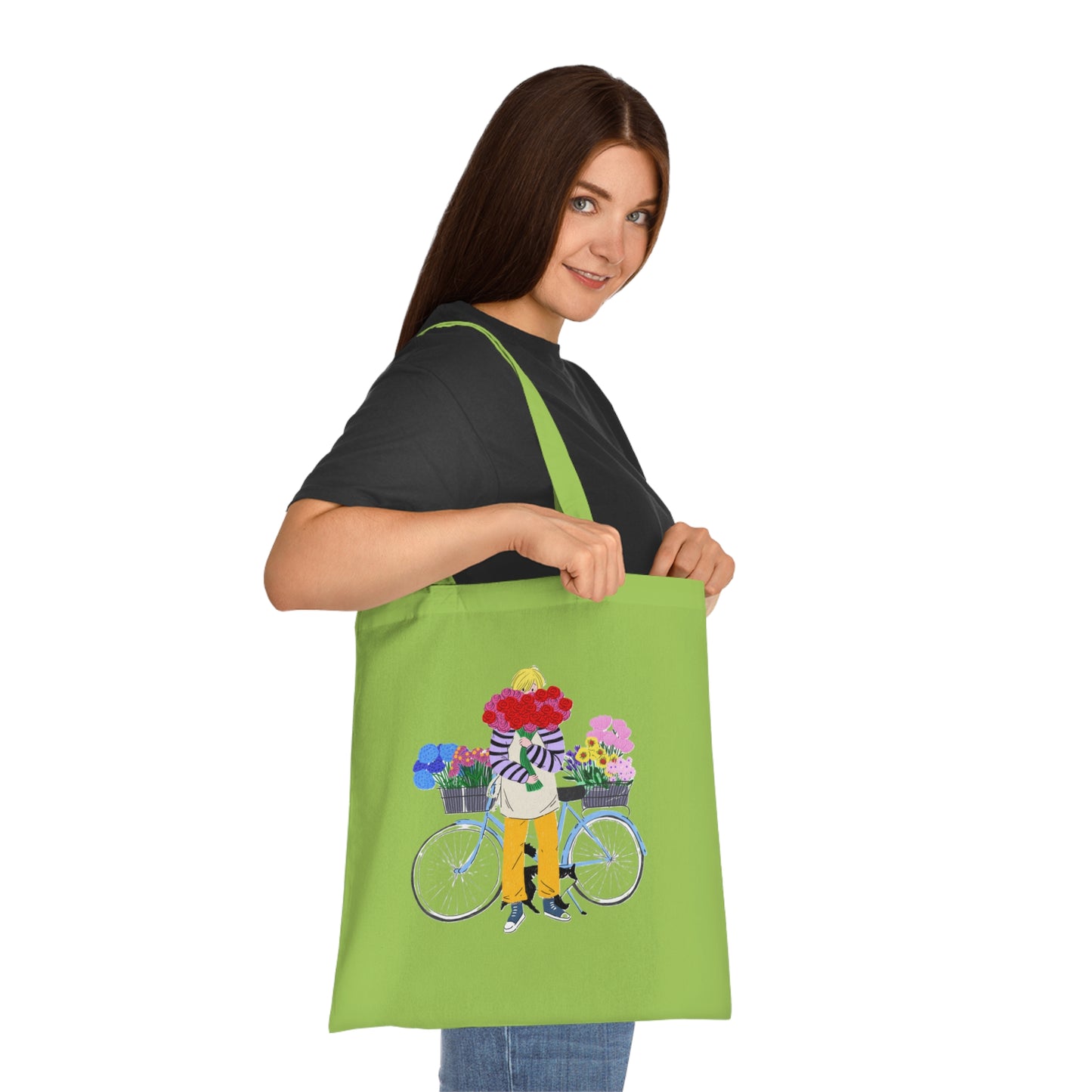Floral Bike Tote Bag — Cotton Market Tote with Colorful Flower Bicycle Design