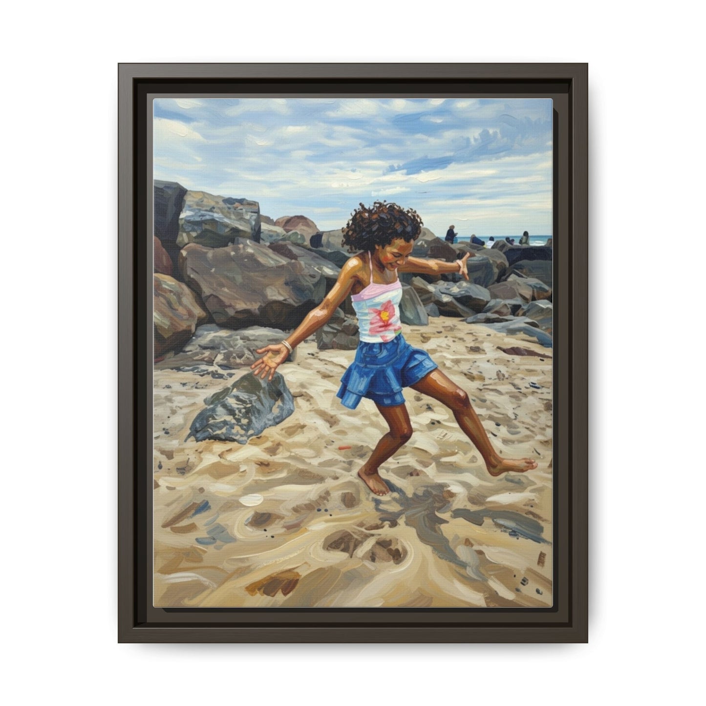 Framed Canvas Art - Girl Dancing on the Beach (Matte Multi-Color)