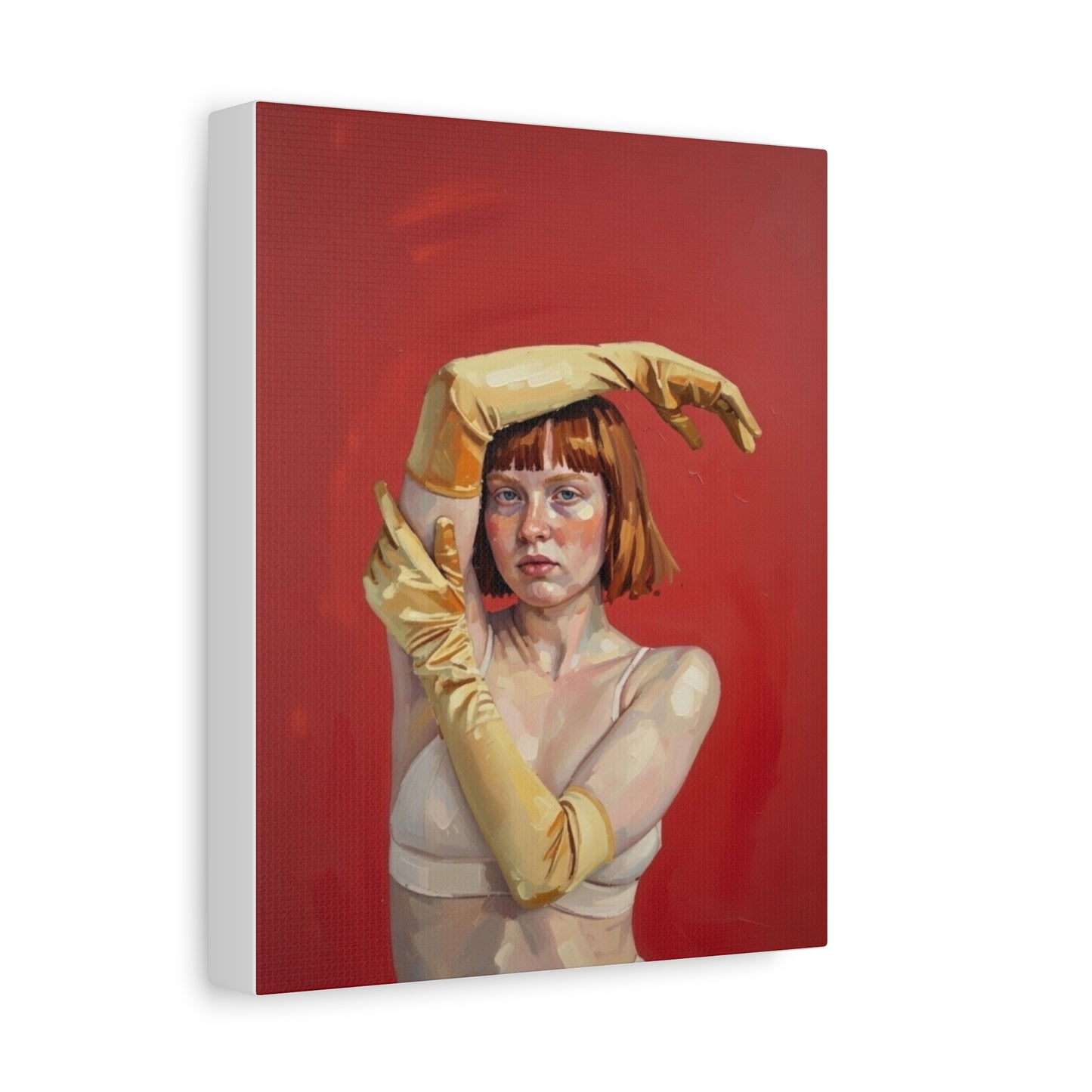 Figurative Portrait Canvas — Woman with Yellow Gloves on Red Background