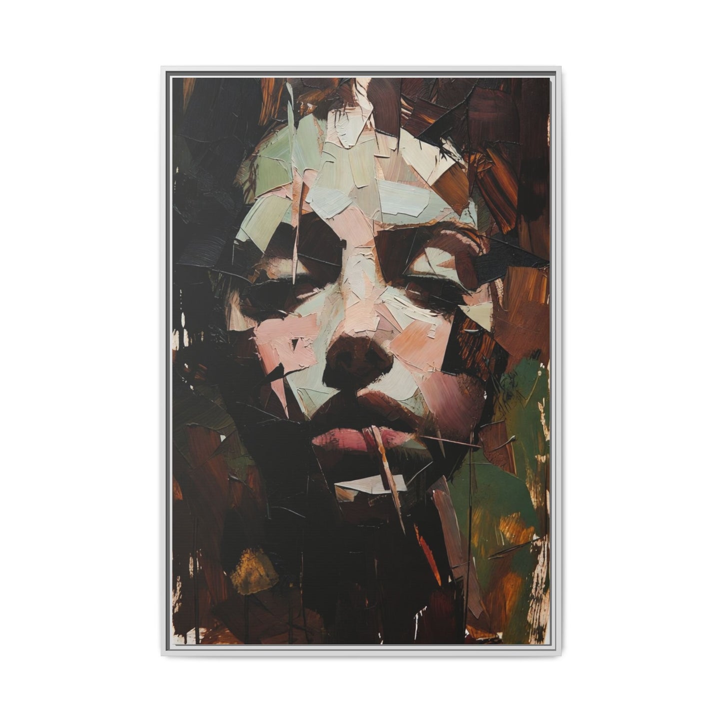 Matte Framed Canvas Art — Abstract Female Portrait, Moody Multicolor