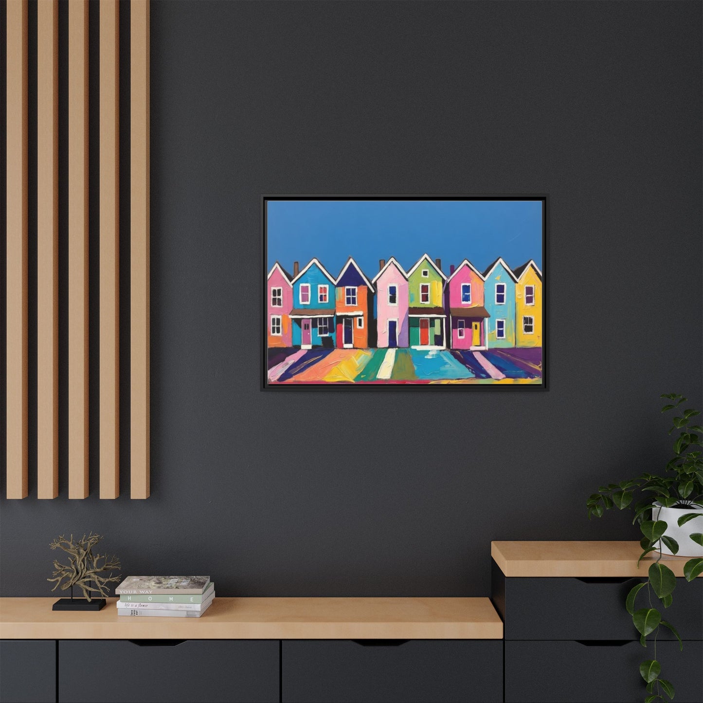 Colorful Beach Houses Matte Canvas Framed Wall Art