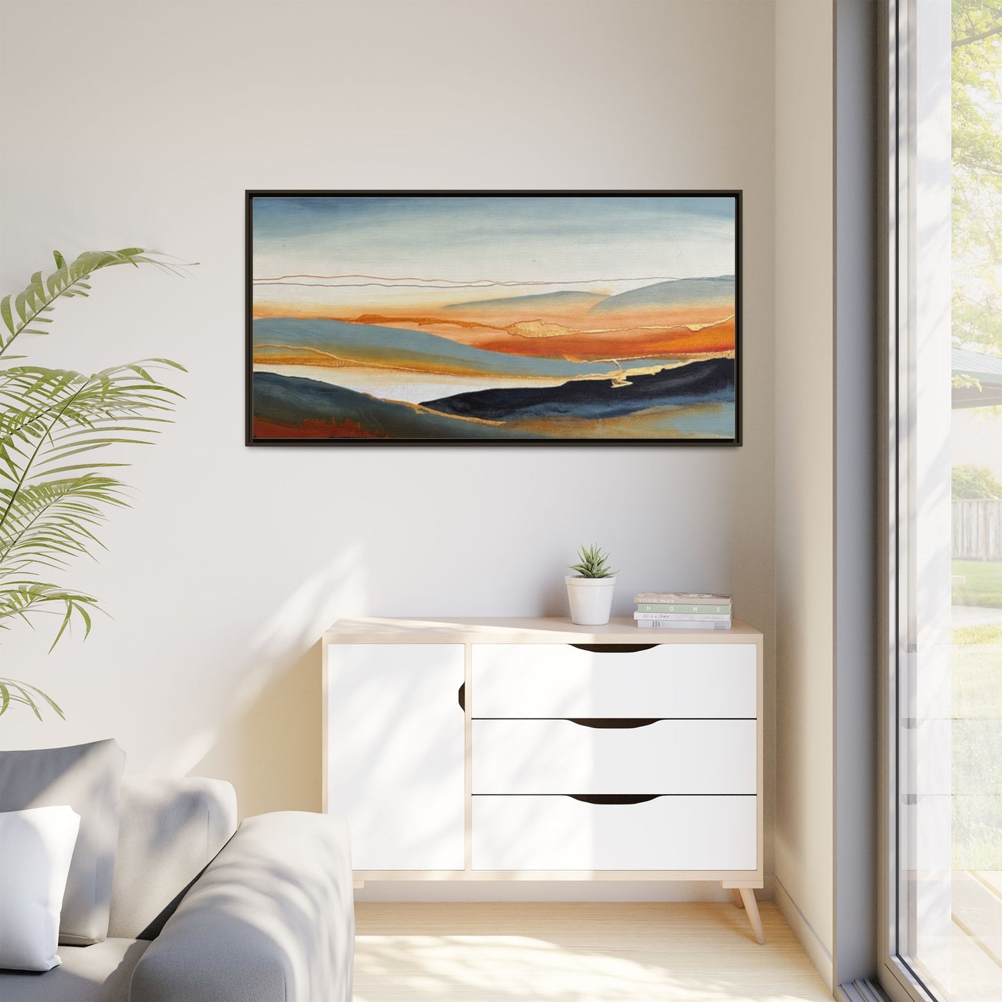 Framed Matte Canvas: Abstract Coastal Sunset Landscape Wall Art