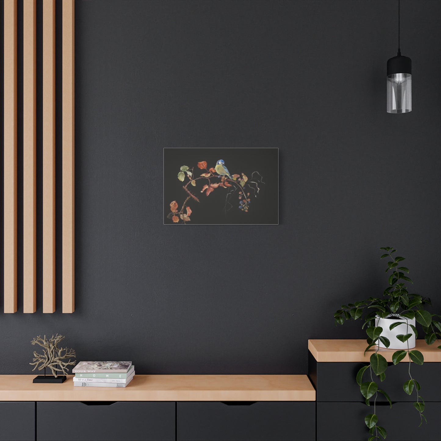 Canvas Wall Art - Blue Tit on Autumn Branch, Stretched Matte Canvas