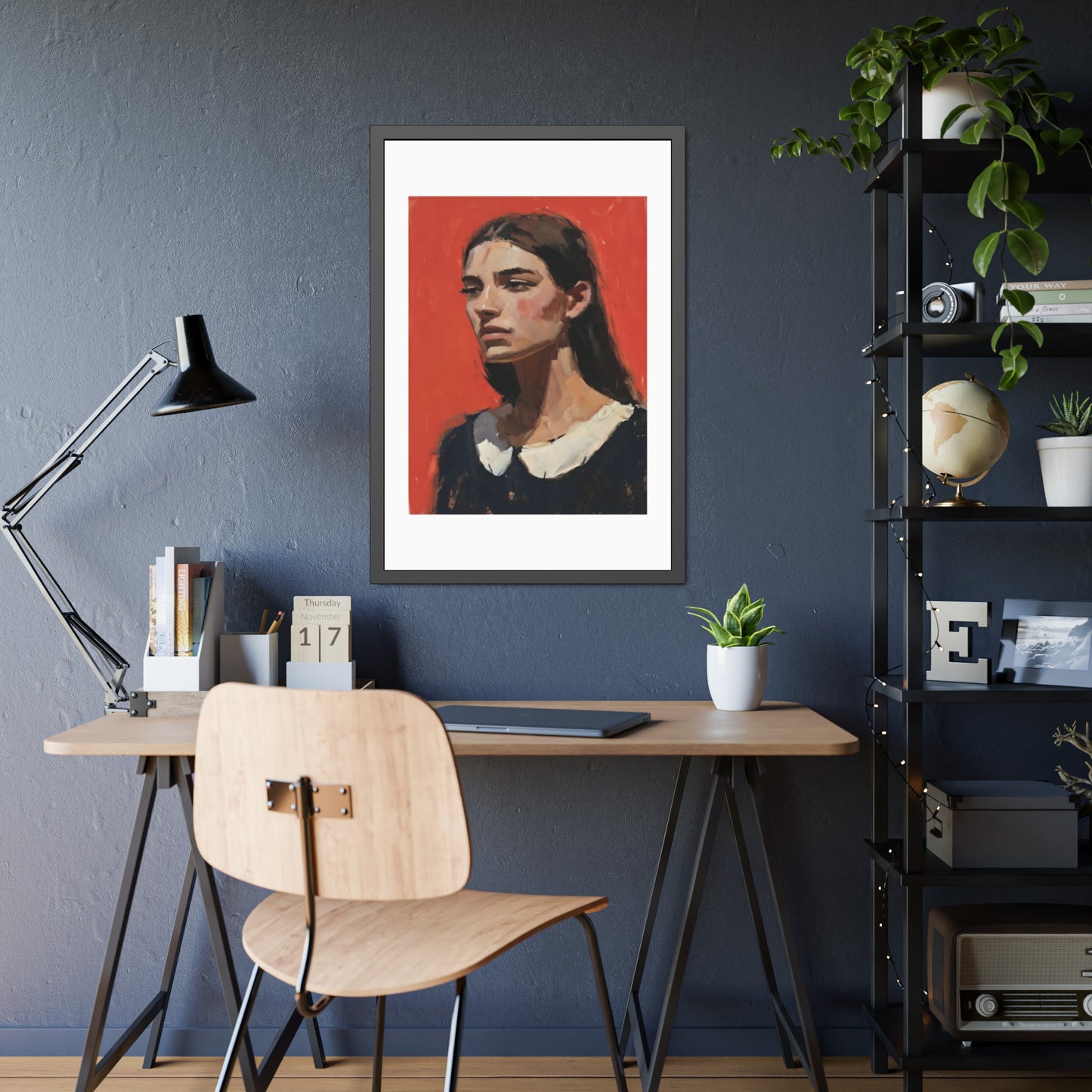 Framed Art Print — Distant Woman Portrait Painting on Red Background